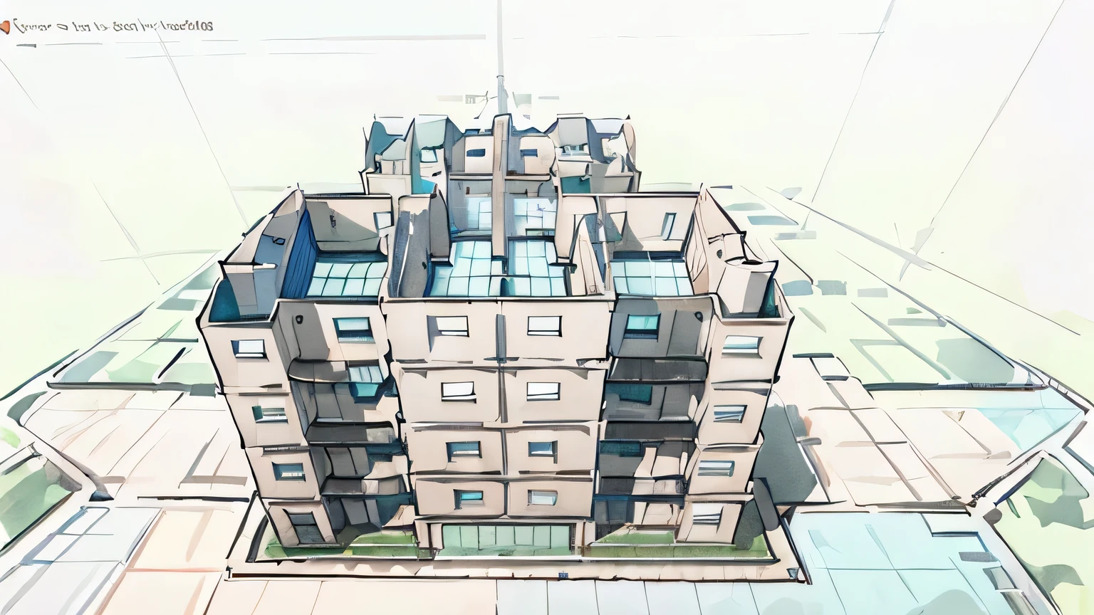 un rendu d'un immeuble d'three-story apartments with a balcony, vue de perspective, Isometric view!!!!, Concrete housing, concept architectural, Isometric view from behind, conceptuel, Complete building, architecture du logement, rendu 3D orthographique, croquis - vers le haut, isometric vue de perspective, ultra wide angle Isometric view, conception d'appartement, 2D axonometric aerial view, plans de construction