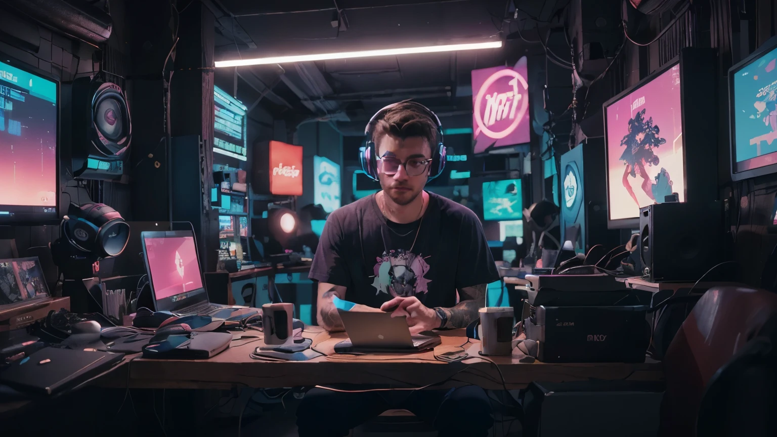 there is a man sitting at a desk with a laptop and headphones, chillhop, background artwork, lofi artstyle, cyberpunk vibes, hip hop vaporwave, synthwave art style ]!!, lofi portrait, [ synthwave art style ]!!, [ synthwave art style ]!! ]!!, cyberpunk vibe, ig studios anime style, nft portrait