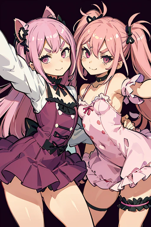 Girls with pink hair, long double-tailed hairstyle, ((small pink bushy eyebrows)), wearing lolita clothing, marked vagina, lolicon (Zankuro) drawing style by zankuro artist, Zancro style, image uploaded to R34, flirty smile, take a selfie from below, close-up, (( showing pubes )) in street grabbing breast each other