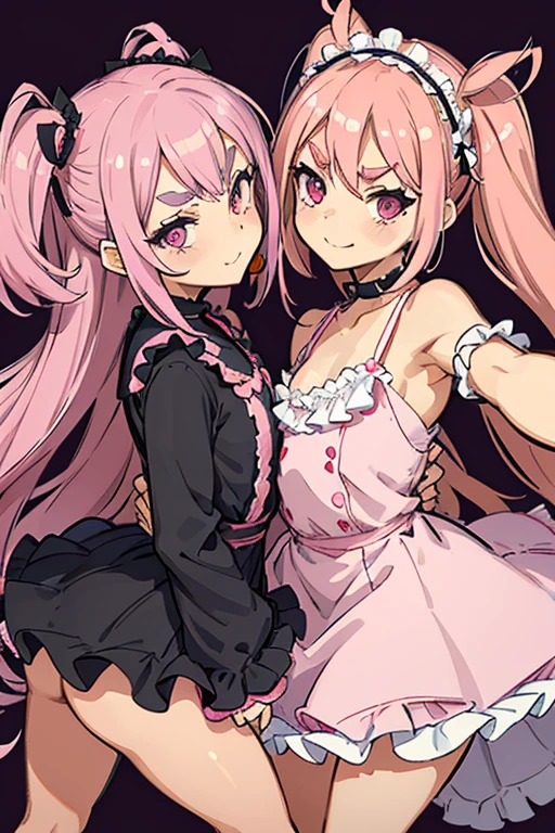 Girls with pink hair, long double-tailed hairstyle, ((small pink bushy eyebrows)), wearing ta clothing, marked vagina, loli(Zankuro) drawing style by zankuro artist, Zancro style, image uploaded to R34, flirty smile, take a selfie from below, close-up, (( showing pubes )) in street grabbing breast each other