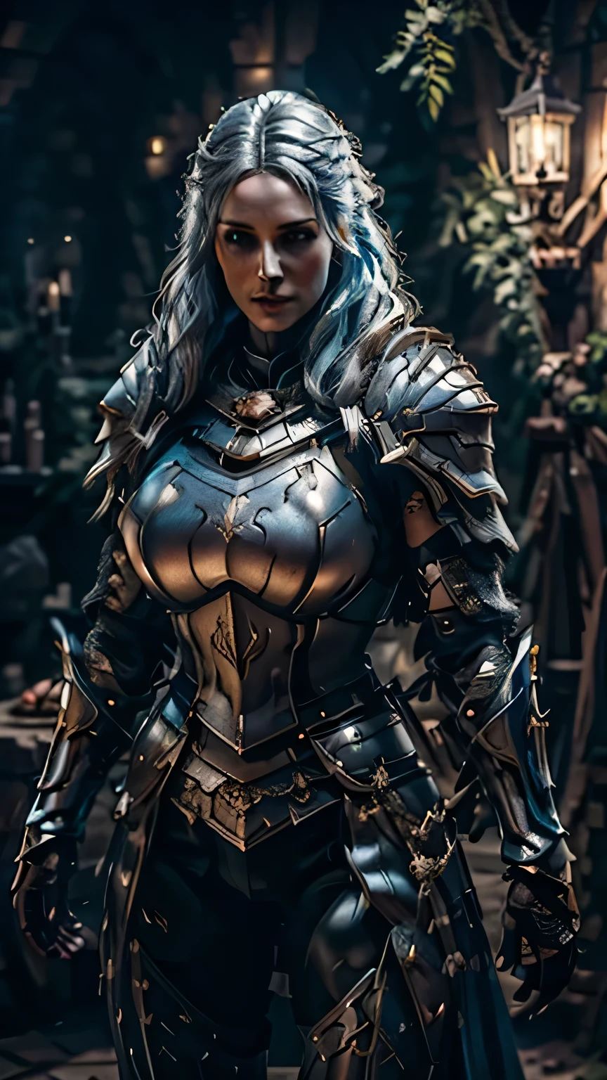 8K,asgard female warrior with very big breasts,Super beautiful(like the real thing),black very large chest armor,realistic skin,luxury black pants,Has a large, long black spear,sexy,muscular slim body,ripped abs,black shoulder armor,black waist armor,black leg armor,desert, rich colors, Backlight, cinematic lighting, film grain, RAW, 50mm lens,nikon　D850,ultra high resolution,Super realistic,goddess,battle scene,action scene,action pose,shine a light on the face, long wavy blue hair, the Witcher, the Witcher armor, yennefer