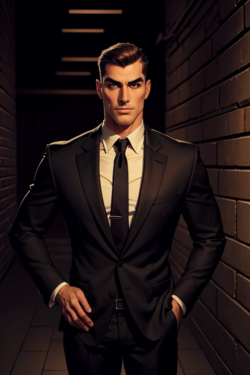 1 male, adult, mature, tall guy, broad shoulders, handsome, very short hair, brown eyes, angular jaw, thick neck, thick eyebrows, night, dark, (basement background:1.3), formal suit, necktie, standing, hands on hips,