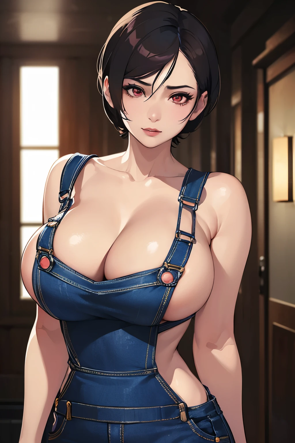 (Ada Wong:1.2) (from Resident evil), (round breasts), (detailed hand and finger:1.1), (slutty denim overalls:1.2), (standing in hall), (in house), (detailed face and eyes:1.2), (huge breasts:1.1), (bimbo), (deep cleavage:1.1), (labia outline:1.2), (teat outline:1.2).