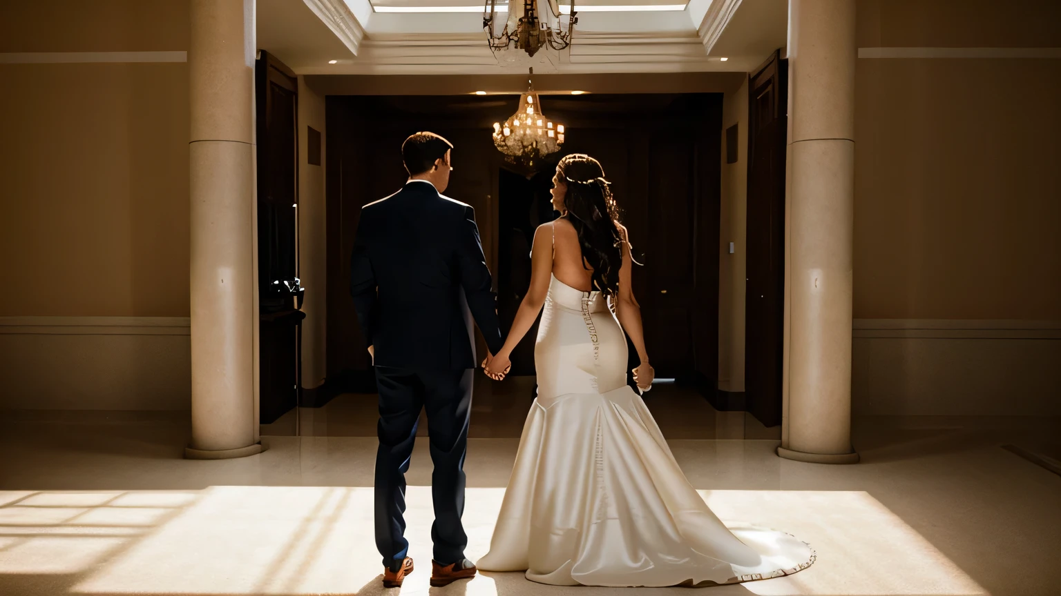 A couple of newlyweds holding hands, seen , as they admire the horizon together. The groom, with fair skin, sports an extremely short, almost shaved haircut, while the bride showcases long, dark, wavy hair. She looks stunning in her white wedding dress, accentuating her light brown skin, while he, a tall man, exudes elegance in his tailored suit. The groom stands impressively tall at 1.85 meters, while the bride possesses a graceful stature of 1.65 meters