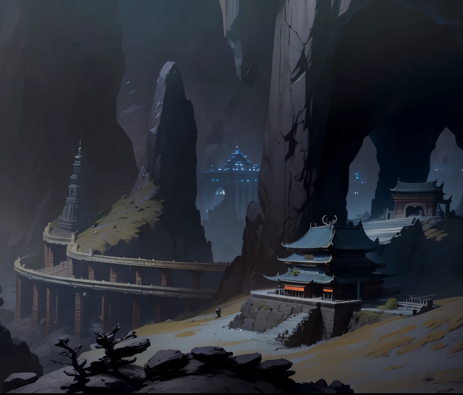 cave, korean palace, dungeon, rocks, city, dark, darkness, anime