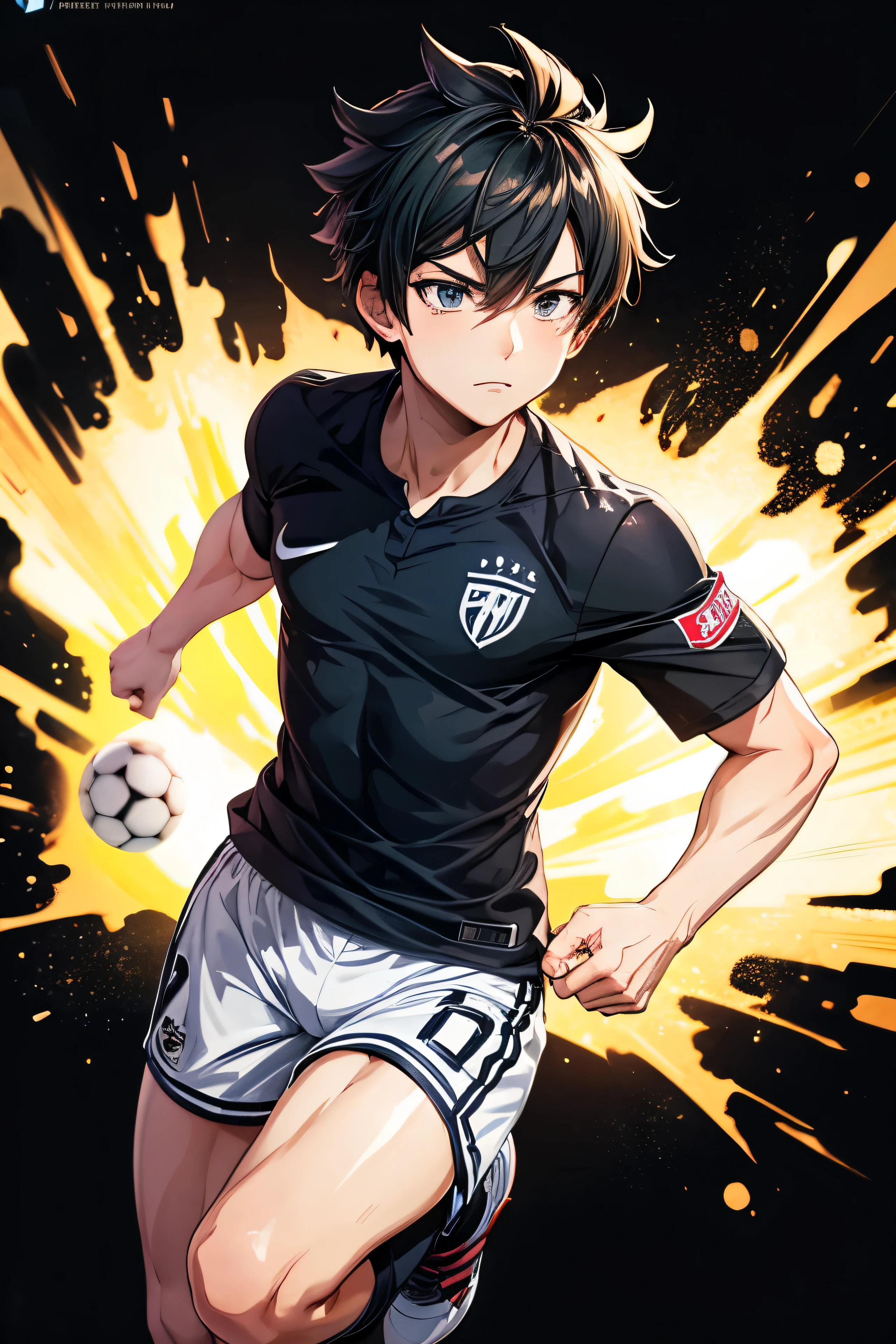 "[Soccer Senpai Strikes Again!]" in the style of "Dynamic Brushstrokes" "male Anime" Black background 4K picture 