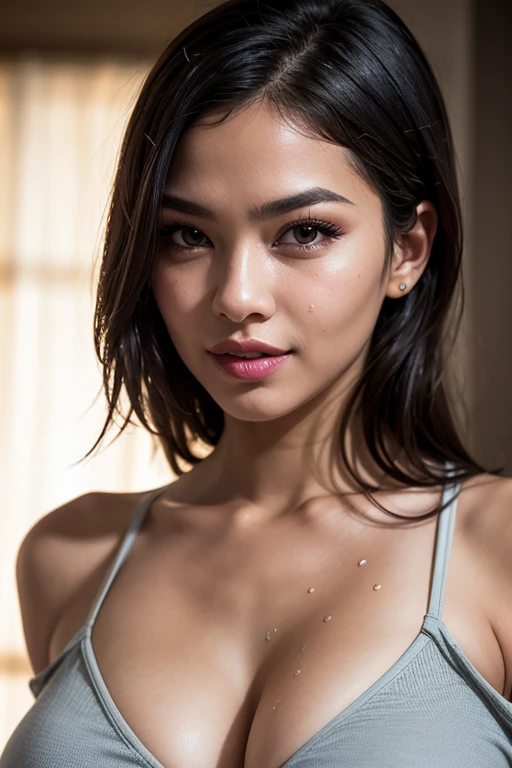 sexy Minimalist bluish dressed, (realistic:1.3),
(), (increase cinematic lighting quality:0.9), 32K,
1girl, 33yo phillipine girl, backlighting, light on face, ray trace, (brightening light:1.2), (Increase quality:1.4),
(best quality real texture skin:1.4), finely detailed eyes, finely detailed face, finely quality eyes,
(joy, blush), (sexy, sensually and satisfied), wet off shoulder t-shirts, cleavage , nice rounded breasts ,
(Increase body line mood:1.1), (Increase skin texture beauty:1.1)