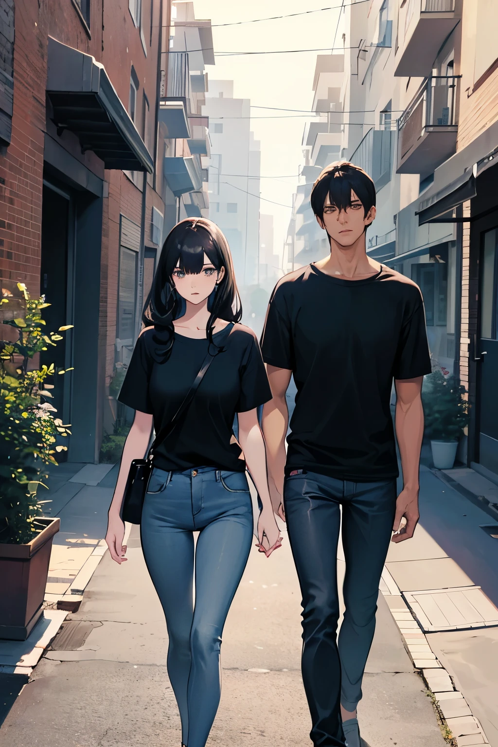 a tall girl with black hair wearing dark grey t shirt and blue jeans is walking beside a taller guy with black curly hair wearing a blue t shirt and grey cargo in a residential area. you can see them from a distance and it is dark outside
