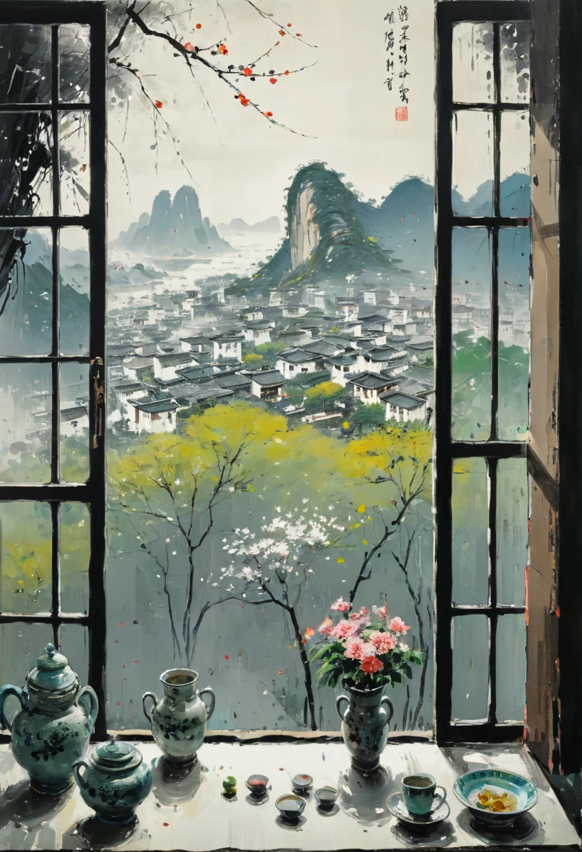 The View Outside the Window, by Wu Guanzhong, (masterpiece, best quality, perfect composition, very aesthetic, absurdres, ultra-detailed, intricate details, Professional, official art, Representative work:1.3)