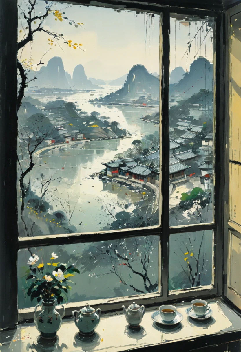 The View Outside the Window, by Wu Guanzhong, (masterpiece, best quality, perfect composition, very aesthetic, absurdres, ultra-detailed, intricate details, Professional, official art, Representative work:1.3)