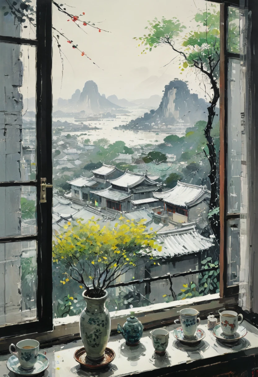 The View Outside the Window, by Wu Guanzhong, (masterpiece, best quality, perfect composition, very aesthetic, absurdres, ultra-detailed, intricate details, Professional, official art, Representative work:1.3)
