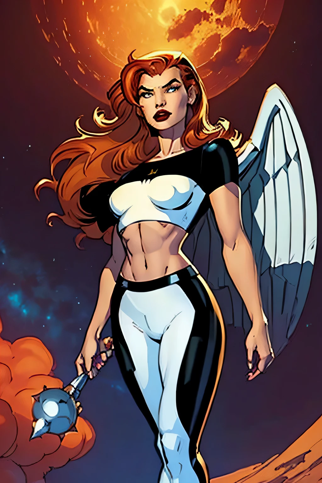 (Shayera :1.1) (1girl:1.2) red lips, green eyes, space station, blue night sky, starry sky, eye view (best quality，ultra - detailed, Illustration，Best shadow，masterpiece，A high resolution，professional artwork，famous artwork, In the style of Christian Riese Lassen Hawaii Artist, dark orange hair, long hair, white crop top, white legwear, wings