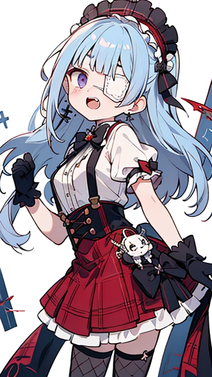 吸Blood鬼，tooth，plaid dress，bow，lolita stylish，lolita style，anime girl role play，upon，cute， angelic beauty， ， Portrait of a Lolita girl， purple grid， and 2k ，2000，emo style，non-mainstream，Red plaid，Mines are girls，harajuku style，exaggerated clothing，intricate ornaments，rock style，gothic style，rivet，earrings，two tone hair，pink and blue hair，purple plaid skirt，half cut gloves，leg ring，suspender jewelry，skeleton，like，Blood，Crazy laughter，disease，Fishnet tights，Unilateral eyepatch，cross