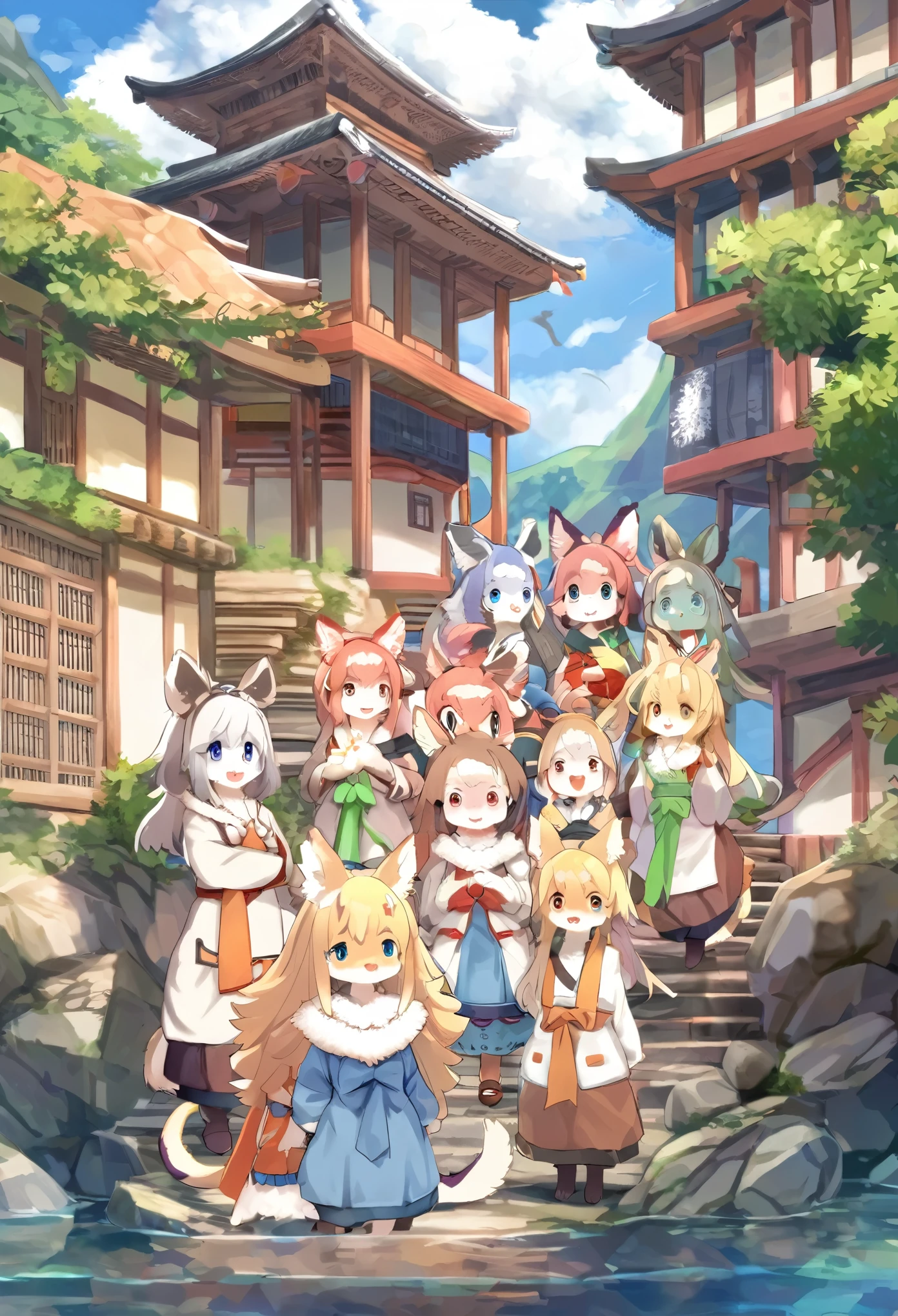 super high resolution, detailed background, World Heritage Site, 6+boys, 6+girls, Happy, joyful, absurdres(Photos of solo travelers)(kemono, furry anthro),