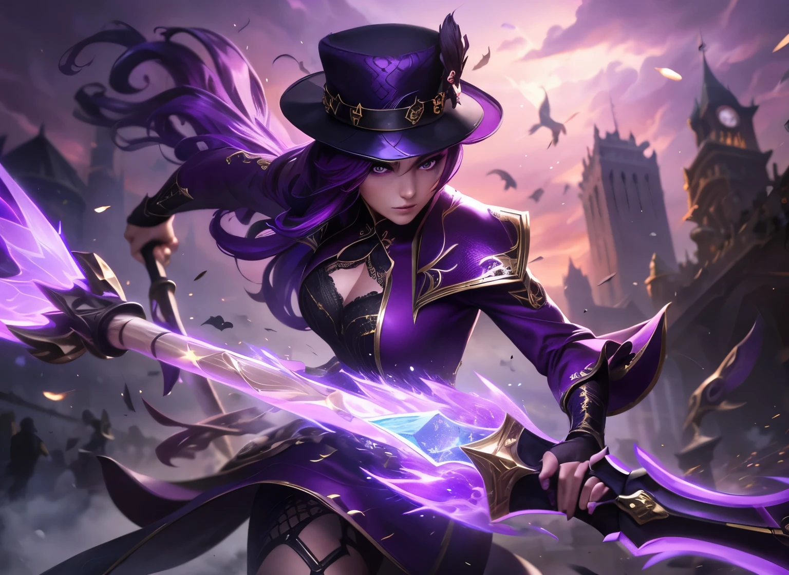 Broken glass, female, (crow:1.0), (Explosive magic;1.2), purple hair with bangs, queen, clouds in the sky, photograph, (Fighting posture:1.2), league of Legends, black eyes, Dress,victorian hat, (holding an ax:1.2), (Broken glass:1.0), Highly detailed, harbor, Masterpiece, (HDR)(Wallpaper)(movie light)(Sharp focus), Masterpiece, best quality, (best quality),Purple suit with gold lace pattern,run(Spectral magic:1.0)