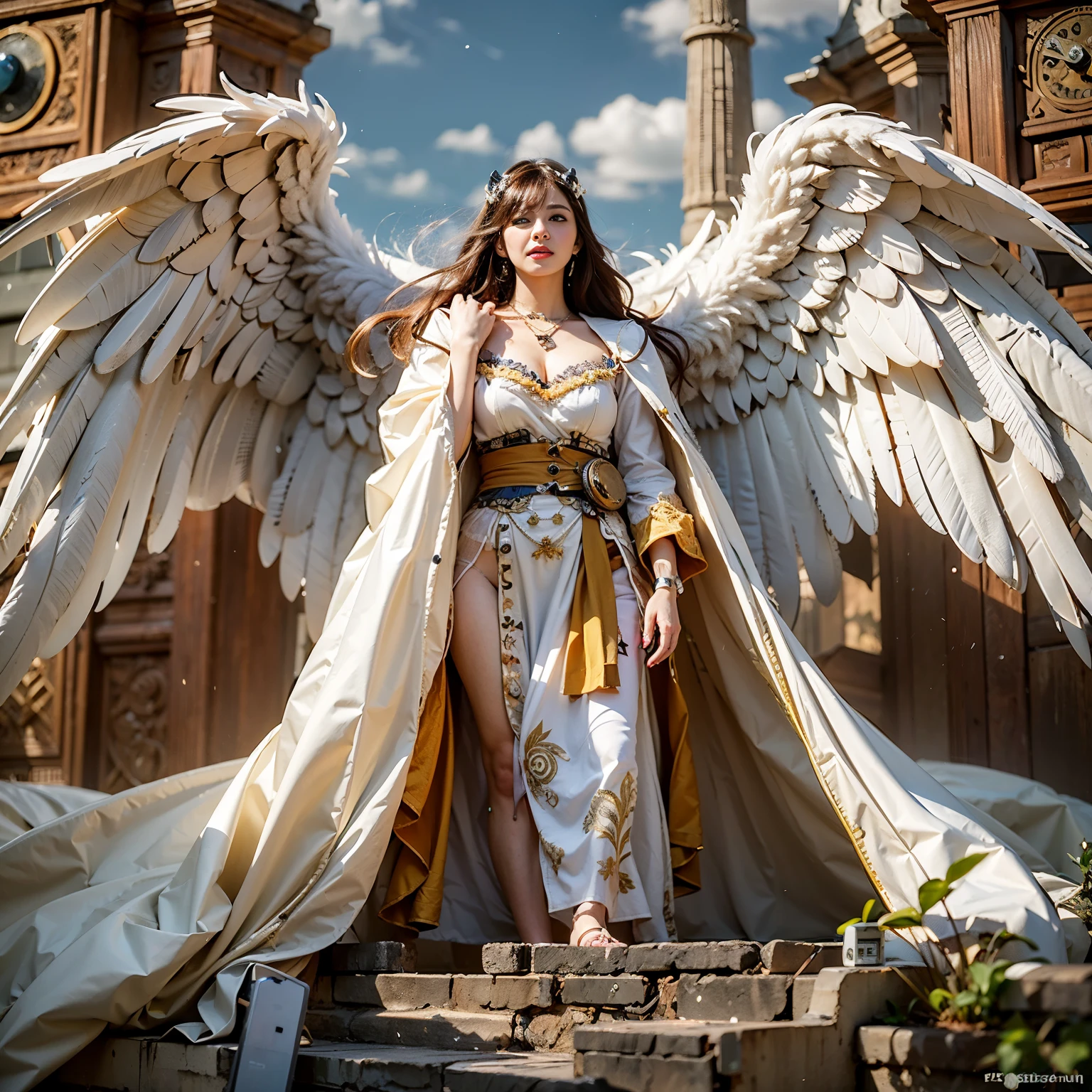 (Numerous award-winning masterpieces of, With incredible details, textures and maximum detail), ((full-body standing image)), (Ultra photo realsisim:1.4), (Realistic:1.3), (up of the upper body:0.3), (best quality real texture skin), (Fine true circle Symmetrical eyes), (Beautifully drawn beautiful face,) (A ring of divine radiance overhead:1.5), ((medieval world)), ((((black angel of the Lord, white angel of the Lord)))), ((full-body portraits)), (Beautiful kind eyes), (She has a mischievous smile on her face), (Colorful eyes are full of sympathy), Shining majestic cloud masses and sky, (halo optical phenomenon), (Angels dancing in the background), (Dramaticlight), (A majestic sight), (Her expression was serene and full of tenderness,Tremendously beautiful), ((large wings,There are pure white feathers behind the shoulders)), (((Folded wings))), Glass earrings on the ears, (((Dramatic photo))), (Twilight), (Sunset), (Dusk), (Divine pose), (Golden hair), (Silver hair), (maroon hair), short detailed hair, ((head looking up)), ((Looking down)), ((gives full-body standing image)), (Around her neck is a simple necklace of exquisite workmanship), Old ruins infested with plants, great temple, great cathedral, Temple ruins, detached temple, (Luminous magic circle), Ancient Castle Site, Deserted ruins, crumbling ruins, Ancient ruins with clear water, wavelets, running water, holy rays, epic realistic, ((com cores neutras)), (hdr:1.5), (pastel colour:1.2), ultra - detailed, Cinematic, warm lights, Dramaticlight, (Intricate details:1.1), the complex background,