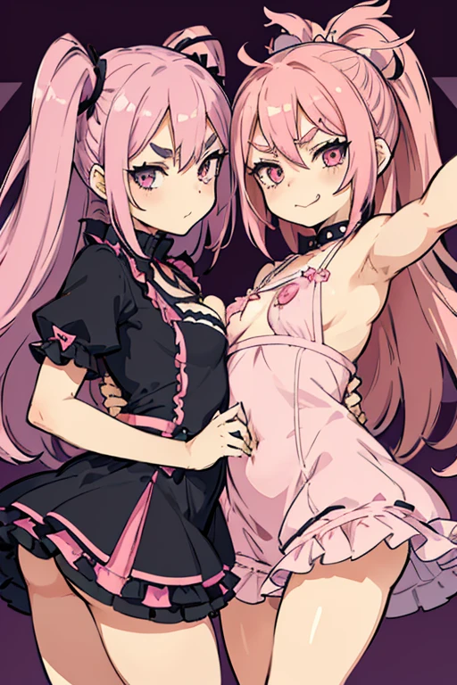 Girls with pink hair, long double-tailed hairstyle, ((small pink bushy eyebrows)), wearing lolita clothing, shorts, marked , lolicon (Zankuro) drawing style by zankuro artist, Zancro style, image uploaded to R34, flirty smile, take a selfie from below, close-up, (( showing  )) in restaurant ((grabbing  each other))