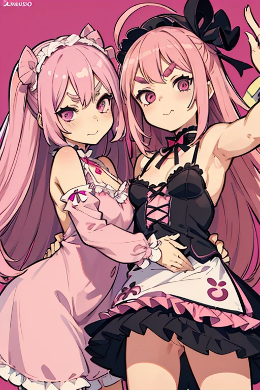 Girls with pink hair, long double-tailed hairstyle, ((small pink bushy eyebrows)), wearing ta clothing, marked vagina, loli(Zankuro) drawing style by zankuro artist, Zancro style, image uploaded to R34, flirty smile, take a selfie from below, close-up, (( showing pubes )) in restaurant ((grabbing breast each other))