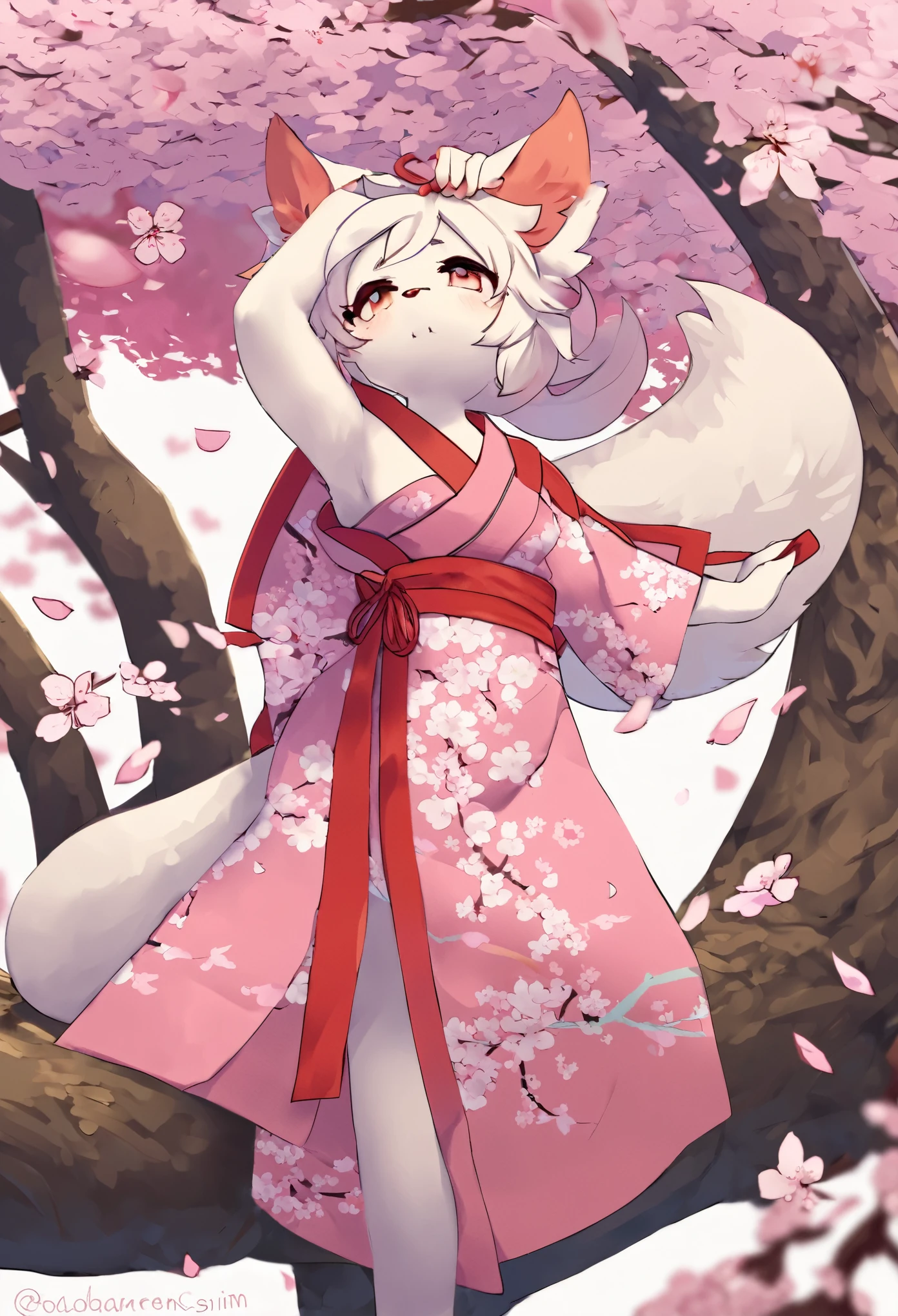 masterpiece, shuimobysim, badashanren, Shukezouma, kimono, The cherry tree, cherry blossoms dancing in the wind(super cute 1girl, solo, kemono, furry anthro)(animal ear, animal tail),