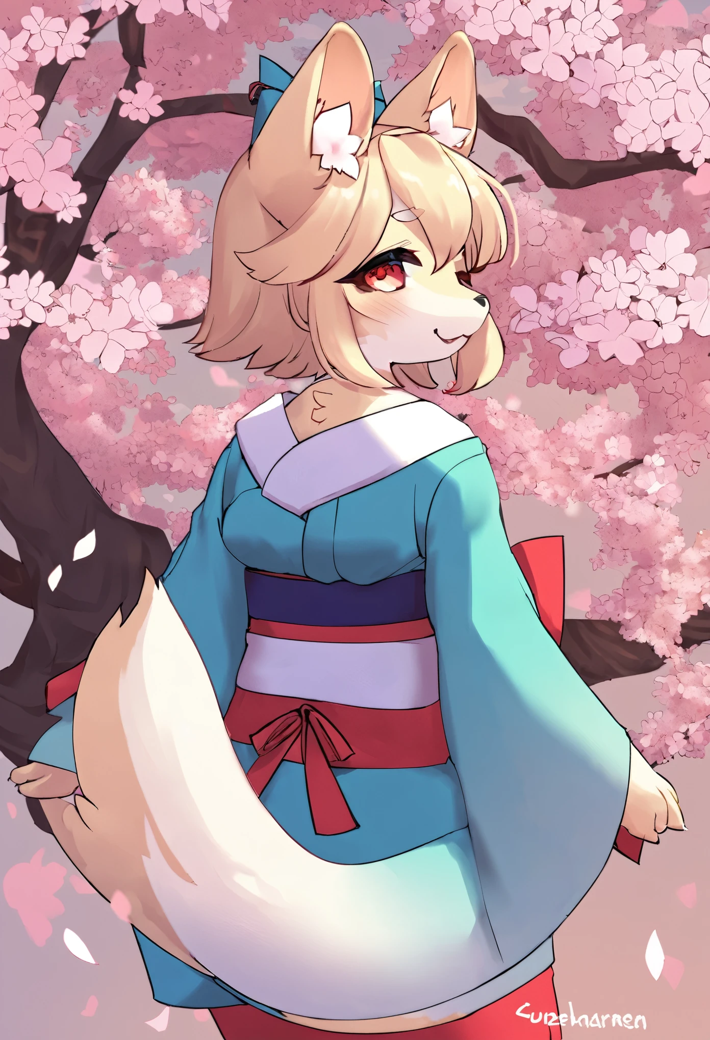 masterpiece, shuimobysim, badashanren, Shukezouma, kimono, The cherry tree, cherry blossoms dancing in the wind(super cute 1girl, solo, kemono, furry anthro)(animal ear, animal tail),