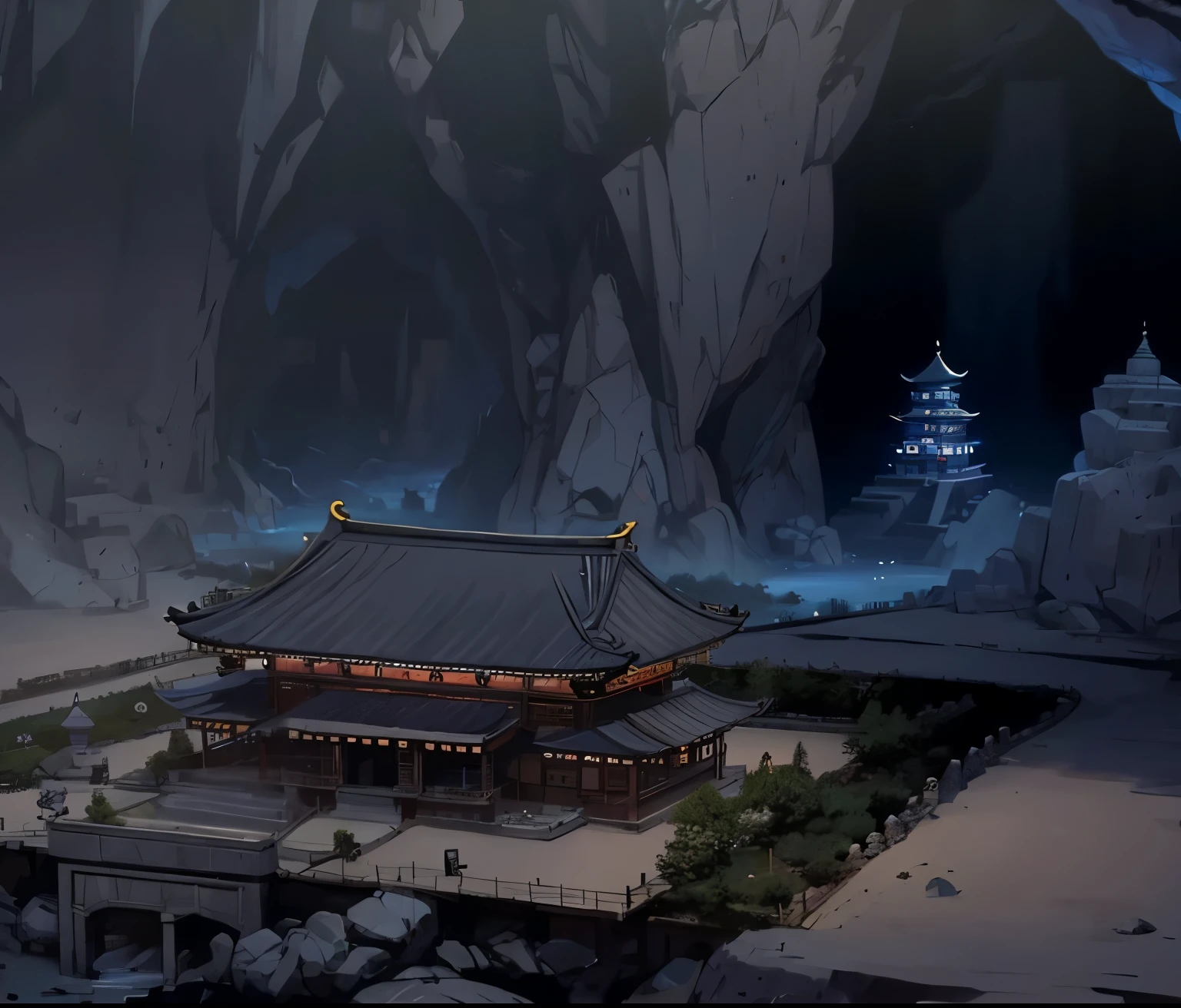 cave, korean palace, dungeon, rocks, city, dark, darkness, anime