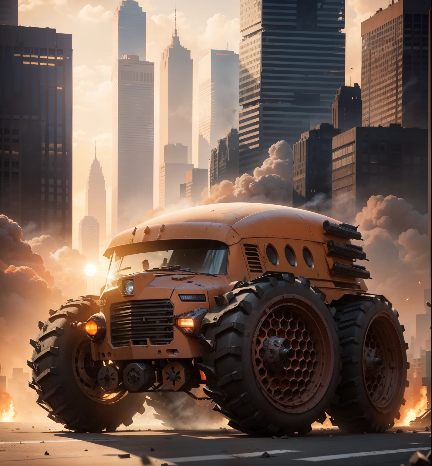 A monstrous, heavily-armored car, bristling with machine guns and missile launchers, roars down a deserted New York avenue. Skyscrapers, once titans of steel and glass, lie in shattered heaps around it. Smoke still curls from the wreckage, casting long shadows in the dying light of a red-orange sun sinking below the horizon. The air hangs heavy with the silence of a world at war.