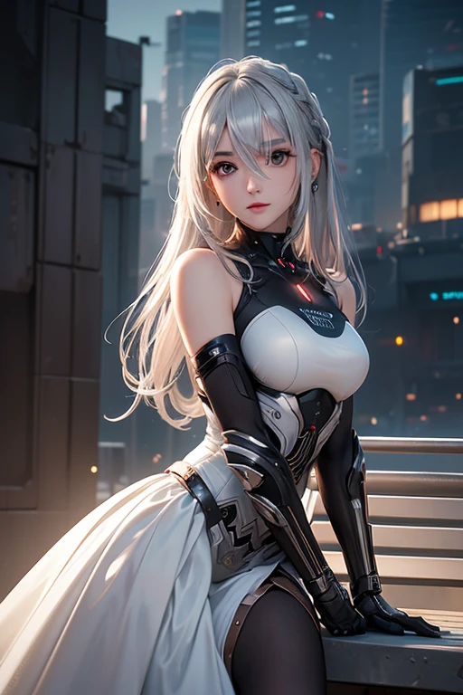 (RAW photo, Best quality, Masterpiece:1.2)、 (Realistic, photo-realistic:1.4)、(Masterpiece:1.4)、(Best quality:1.4,、Rendu portrait 8k、(Fidelity、Fidelity:1.4)、Look up、simplebackground、Flying wing zero、full bodyesbian、sci-fy、mechs、Up、machine girl、The girl wears a maid outfit、Exposed flesh、huge tit、Exposed chest、showing white panties、short skirt、looks into camera、Cute、Full body appearance、black lence stockings、Suspenders、Suspenders、beautifullegs、delicate finger、With a slight smile、Crossed waist with one hand、Mecha Maiden、Duck sitting position、Lady sitting