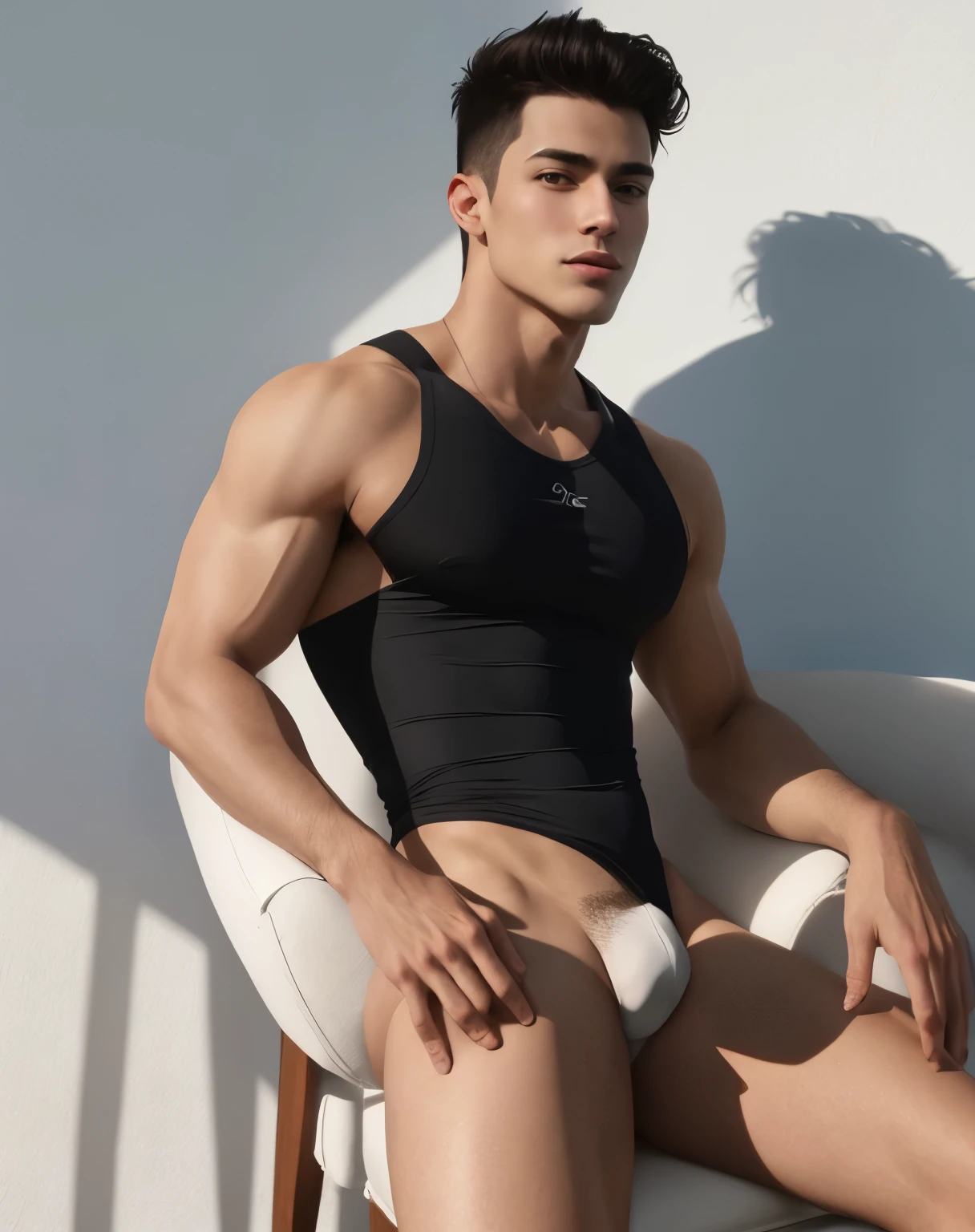 Rapaz de 25 anos lindo, corte de cabelo graduation preto, corpo twink e sexy, he is sitting in an armchair near a white wall, ele usa uma camiseta de time de futebol do Brazil, e usa uma coeca jockstrap branca, He has big, bulging glutes that are proportionate to his body., seu olhar e sexy e cativante, ele olha fixamente para o expectador, your beauty is radiant, Your skin color is white but with a slight tan 1:2, sexy gay, sexy twink, twink guy, big ass, femboy, big bublee but, (foto de corpo inteiro:1.5), no body hair and veins, pele lisa, large buttocks but proportional to the body, alto detalhe, using a 50mm lens on a Fujifilm XT3 camera. Add film grain and HDR effects:0.7 para um toque de realismo. incorporating the highest quality 3D animation shadows and ultra-detailed rendering in 8k resolution. com cores pastel, in the background there is a white wall, durante toda a cena,handsome.