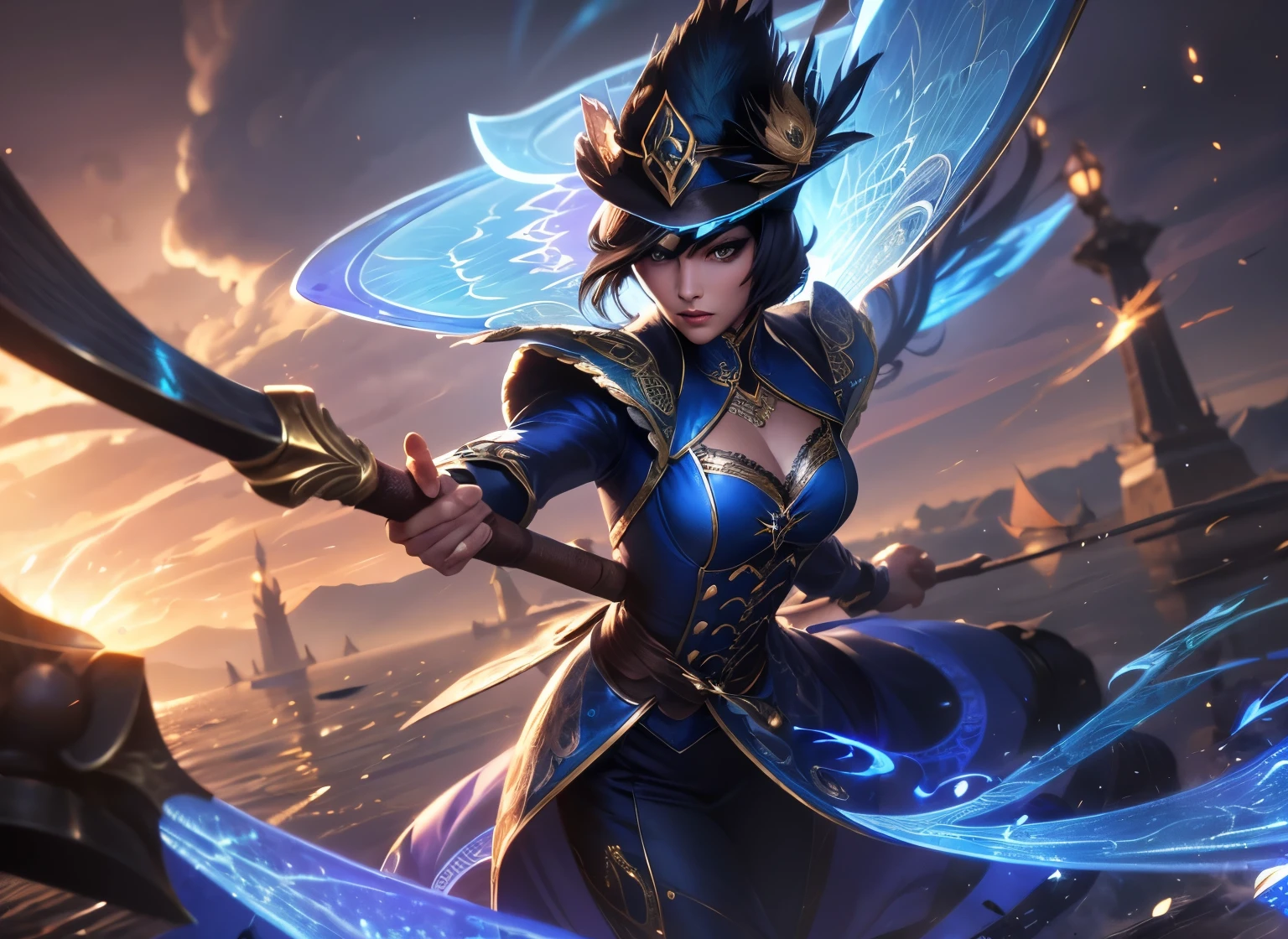 Broken glass, female, (peafowl:1.0), (Explosive magic;1.2), black hair with bangs, queen, clouds in the sky, photograph, (Fighting posture:1.2), league of Legends, black eyes, Dress,victorian hat, (holding an ax:1.2), (Broken glass:1.0), Highly detailed, harbor, Masterpiece, (HDR)(Wallpaper)(movie light)(Sharp focus), Masterpiece, best quality, (best quality),Blue suit with gold lace pattern,run(Spectral magic:1.0),top view,reflection,Gold coat,One-eyed sunglasses