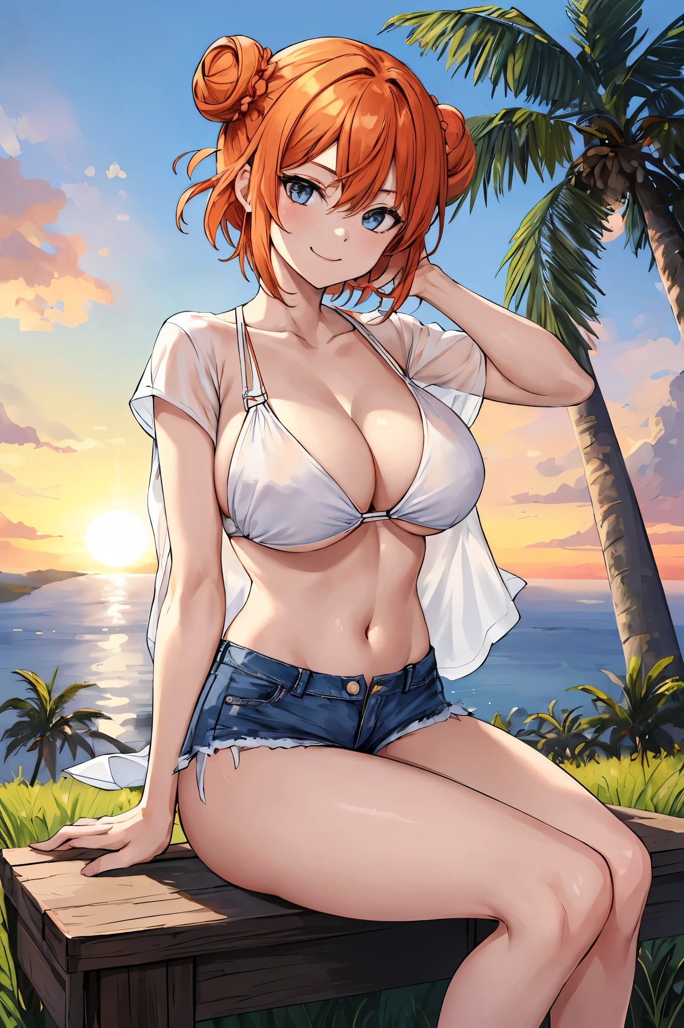 (masterpiece), best quality, expressive eyes, 1girl, solo, tomboy, mature female, big breasts, short hair, Cleavage, orange hair BREAK hair buns, double buns, sling bikini top, white bikini BREAK denim shorts, transparent shirt, sunset sky, palmtree, grass, landscape, sitting on grass, smile, closed mouth, looking at viewer