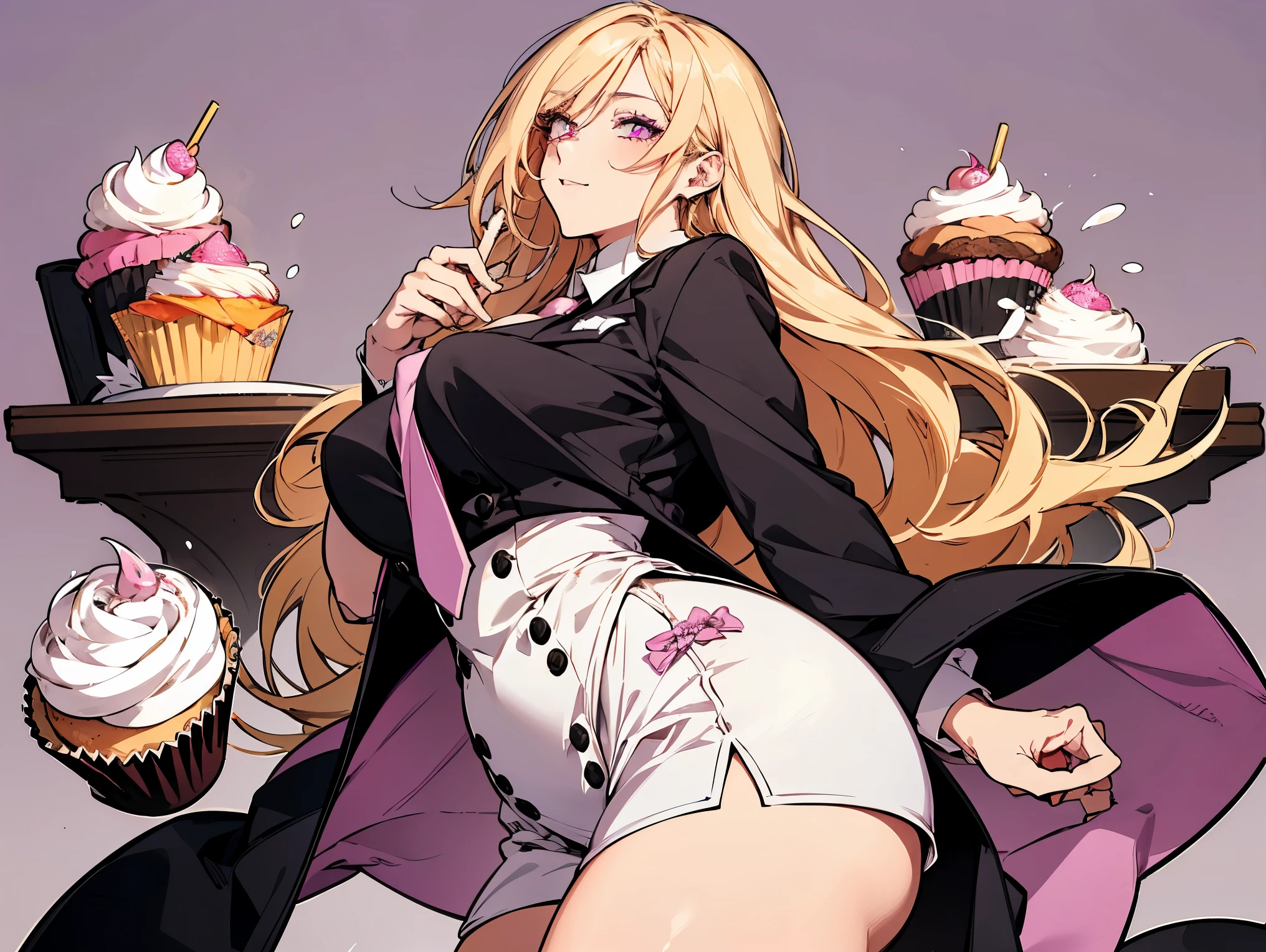 1 female, teacher, wearing a black suit, light purple tie, bootyshorts, Thicc, yellow hair, long hair, light pink eyes, face to detail, detailed eyes, the background is a pizzeria, happy, Holding a pink cupcake