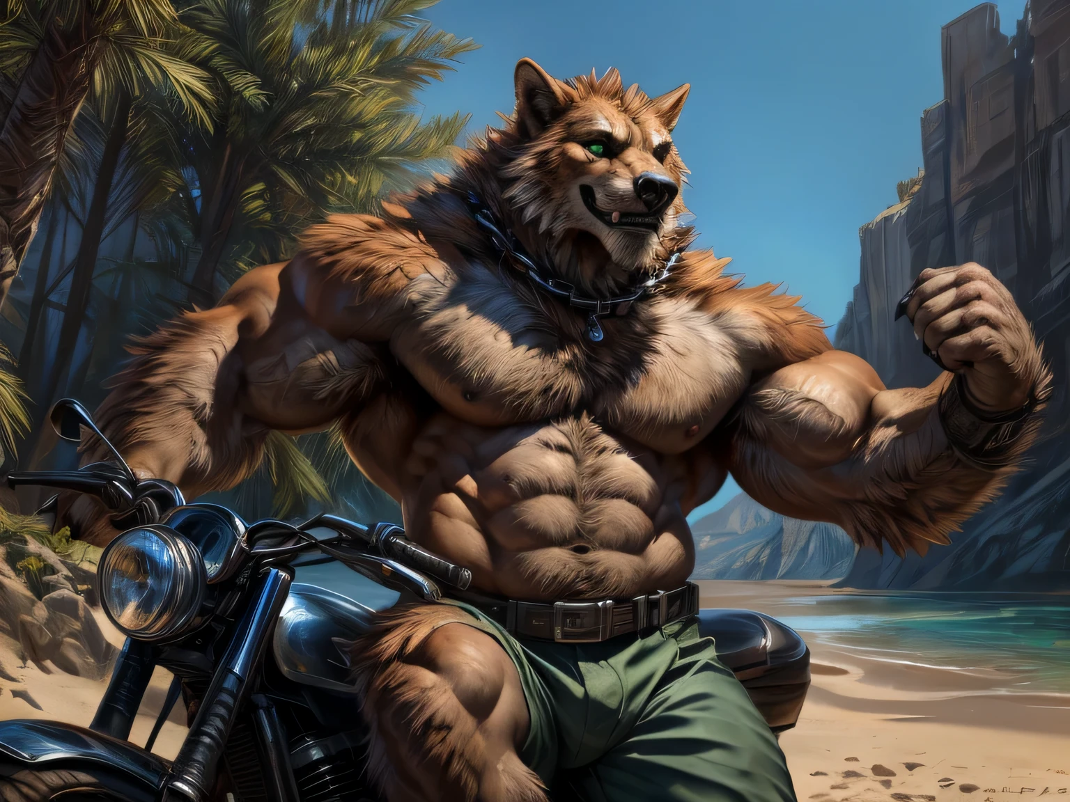 Werewolf, orange fur, bitone, white chest fur, black beard, green eyes, realistic eyes, posted on e621, furry body, anthro body, anthro werewolf, claws on hands, werewolf, solo, male, adult, masculine, (very muscular, large muscles, buff:1.2), correct anatomy, (photorealistic fur, detailed fur, epic, masterpiece:1.2), green short pants, has a black chain collar, collar in his neck, in the beach (human people in the back), sitted in a black motorcycle, double purpose motorcycle, all terrain motorcycle, sexy shadows, (by echin, by Taran Fiddler, by Juiceps, by Rukis), (detailed eyes:1.2), impressive physique, strong pose, proud, smiling, flexing biceps with one arm, seductive face, looking at camera