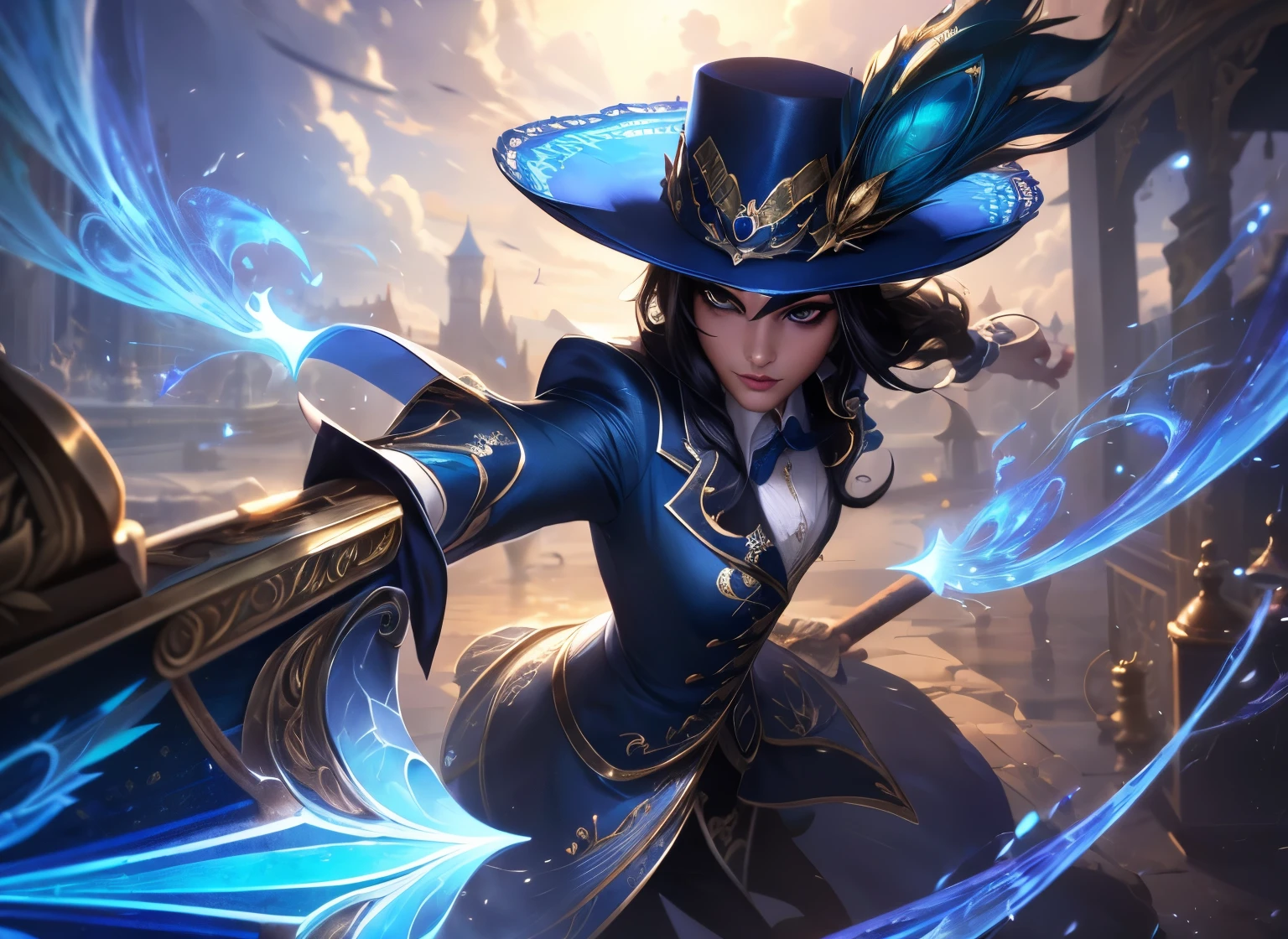 Broken glass, female, (peafowl:1.0), (Explosive magic;1.2), black hair with bangs, queen, clouds in the sky, photograph, (Fighting posture:1.2), league of Legends, black eyes, white shirt,victorian hat, (holding an ax:1.2), (Broken glass:1.0), Highly detailed, harbor, Masterpiece, (HDR)(Wallpaper)(movie light)(Sharp focus), Masterpiece, best quality, (best quality),Blue suit with gold lace pattern,run(Spectral magic:1.0),top view,reflection,Gold coat,One-eyed sunglasses