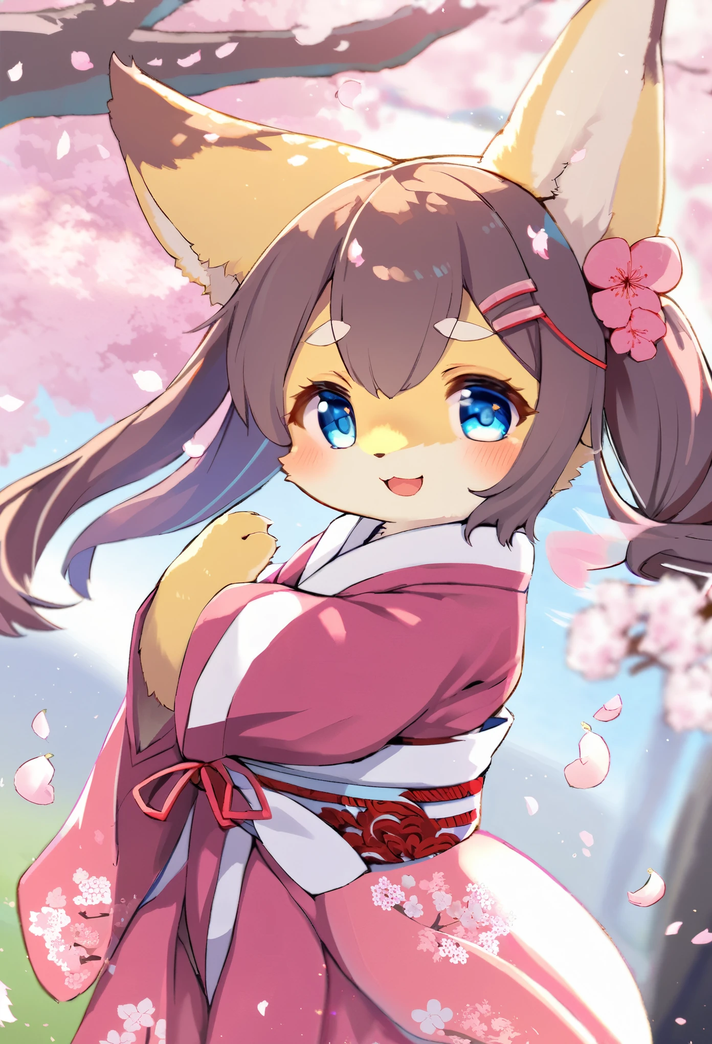 masterpiece, kimono, The cherry tree, cherry blossoms dancing in the wind(super cute 1girl, solo, kemono, furry anthro)