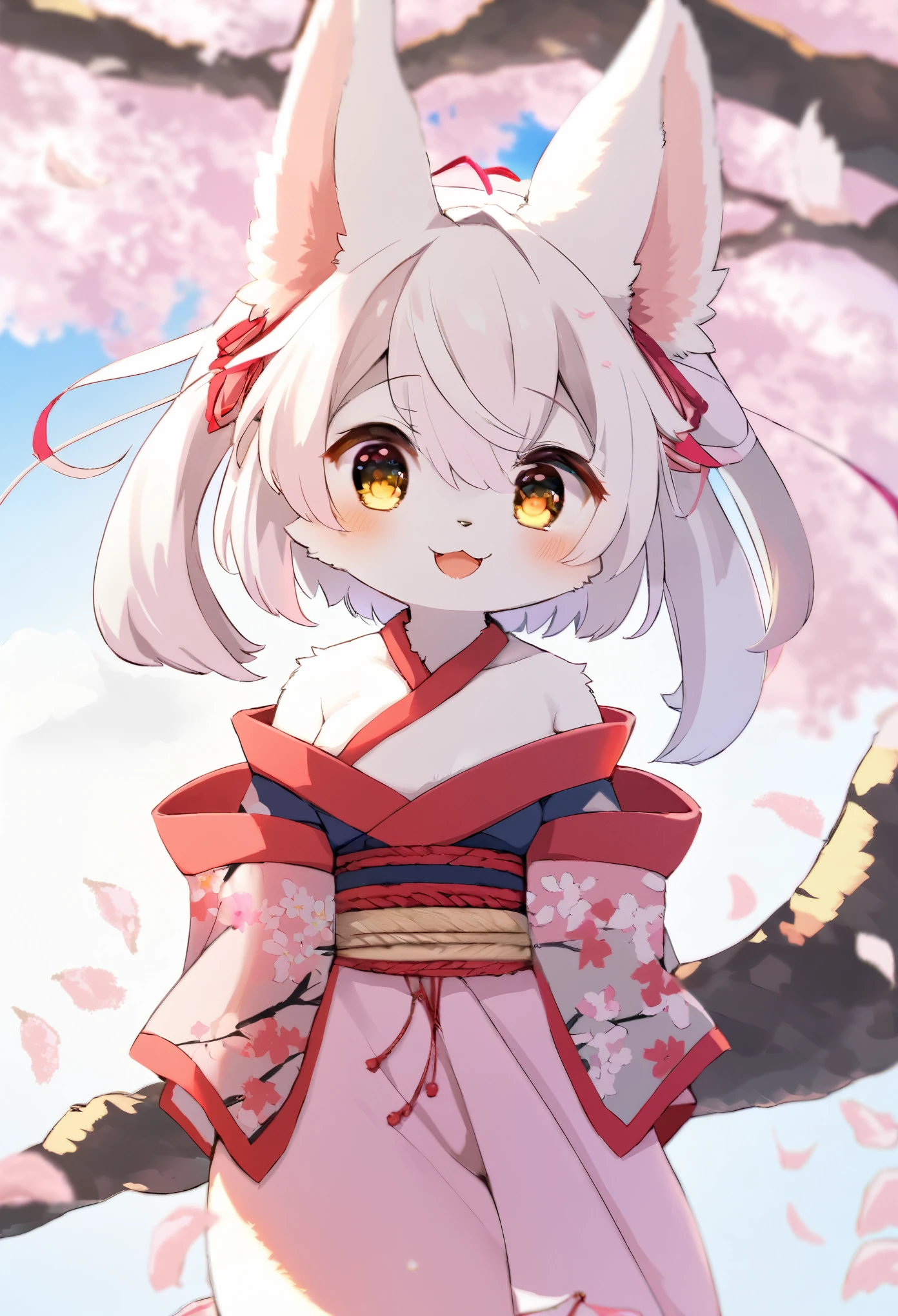 masterpiece, kimono, The cherry tree, cherry blossoms dancing in the wind(super cute 1girl, solo, kemono, furry anthro)