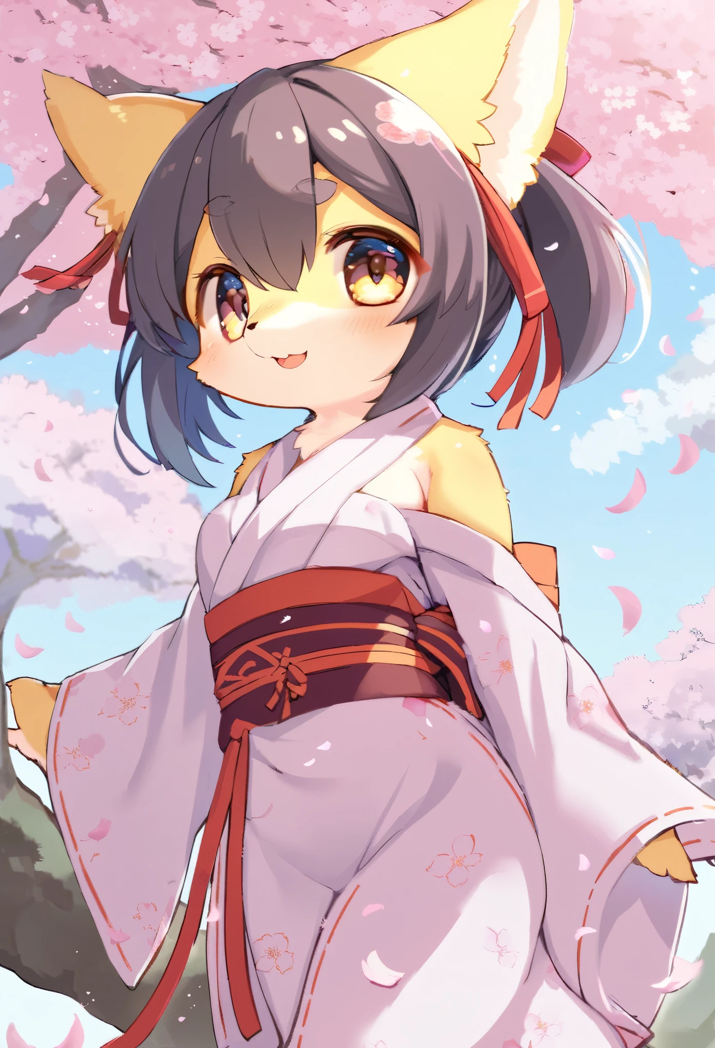 masterpiece, kimono, The cherry tree, cherry blossoms dancing in the wind(super cute 1girl, solo, kemono, furry anthro)