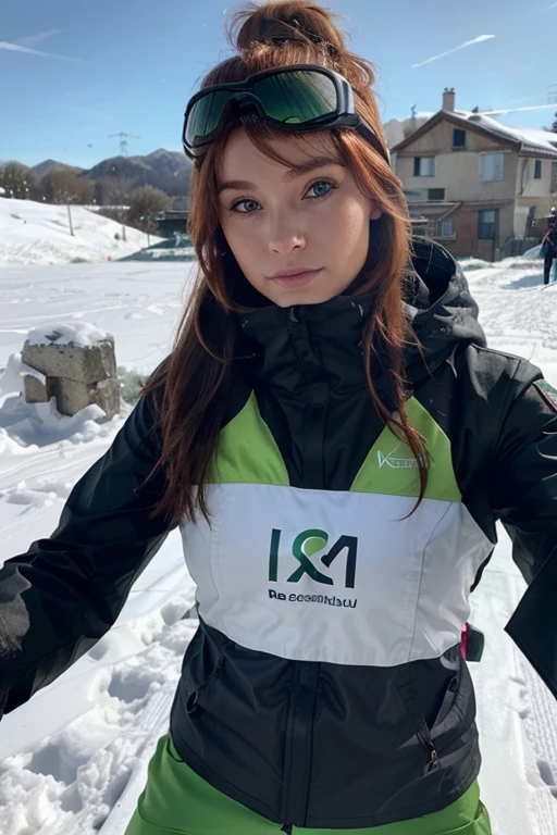 une femme de 25 ans, rousse aux yeux verts, en combinaison de ski ouverte, laissant voir sa poitrine