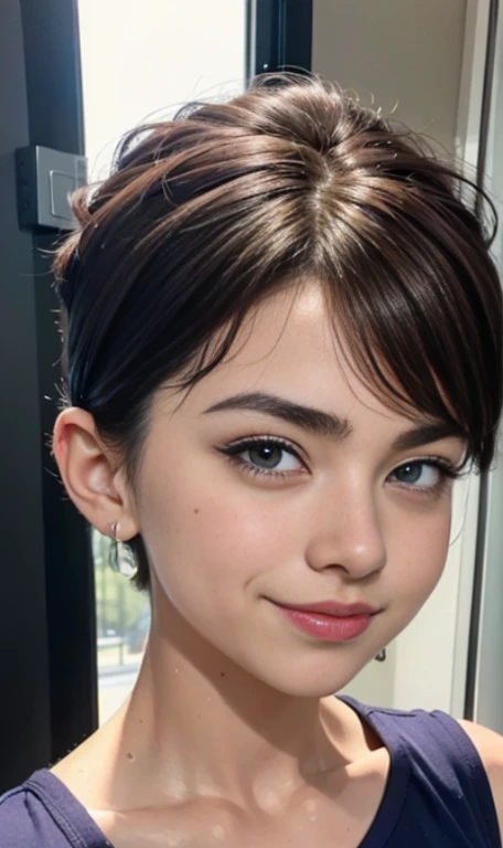 Photo oF a -old Amean girl, beautiFul woman,  light brown hair pixie , corte de cabello pixie , light brown hair((retrato)), ((Cara detallada:1.2)), ((Detailed Facial Features)), (Piel Finamente detallada), pale skin , pecas en mejillas , ojos azules , 、un sexy(color fresco), wet, wet, ReFlectoreasutepiece) (proporciones perFectaotos realistas)(La mejor calidad) (Detallado) FotograFiado con una EOS R5 de Canon, lente de 50 mm, F/2.8, NFFSW, (8K) (papel tapiz) (cinematic lighting) (dramatic lighting) (sharp Focus) (Enrevesado) senos grandes , pechos grandes , pecas en mejillas , cuerpo completo , hermoso cuerpo de adolesente , posando sexy a la camara , posando de Frente para la camara ,lindo maquillaje , linda sonrisa , Fondo variado , pecas en mejillas , aretes de clip , hermosos ojos azules , viste camiseta purpura sin mangas con imagen de calavera , cinturon blanco , falda color lila con patrones de cuadros , botas largas con tacon , foto de cuerpo completo , pose sexy , maquillaje , labios rojos , sombra de ojos morada , gran somrisa
