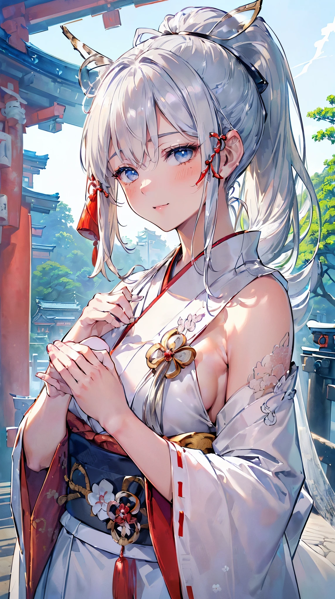 (((Masterpiece))), (((Highest quality))), ((Ultra-detailed)), ((Super fine illustration)), ((Ultra-fine painting)), (16K highest quality wallpaper:1.4), (Upper body:1.6), HDR, (Highly detailed and delicate illustration style:1.8), Detailed skin texture, Detailed cloth texture, Extreme detailed description, (T-masterpiece), (Highly detailed face:1.2), (Highly detailed silver fox ears:1.2), (Highly detailed shiny ponytail:1.2), (Highly detailed beautiful eyes:1.2), Original, RAW photo, Professional, Intricate details, Super details, Direct light:1.6, (Perfect anatomy:1.4), (Highly detailed hands:1.2), (Highly detailed fingers:1.2), (Highly detailed fingertips:1.2), (27-years-old), Real, (Solo:1.6), ((A very beautiful and attractive silver fox fashion model who is a messenger of God and a traditional Japanese sacred shrine maiden:1.4)) BRAKE (Beautiful and adorable silver fox ears:1.6), (Highly detailed and delicate silver fox ears:1.4), (Beautiful and well-shaped big breasts:1.2), (Beautiful and well-shaped buttocks), (Beautiful and shiny silver ponytail:1.6), (Highly detailed and delicate silver ponytail:1.2), (Beautiful clear blue eyes that shine with great detail:1.6), (Highly detailed and delicate blue eyes:1.2), (Highly detailed face:1.4), (Smile:1.3), (Blush:1.2), (Looking at viewer:1.4) BRAKE (Brightly colored and divine traditional shrine maiden costumes at Japanese shrines:1.4), (Japanese divine traditional costume:1.2) BRAKE (Highly detailed and beautiful Ise Grand Shrine in Mie Prefecture just after noon in spring in the background:1.6), Ise Grand Shrine:1.2, Torii gate of Ise Shrine:1.2, Highly beautiful in the sunny sky background just after noon:1.2 BRAKE