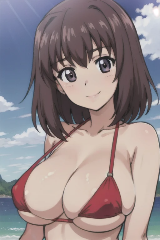 (anime cels style, best quality, high resolution, megami magazine, anime poster style, photorealistic), (beautiful eyes:1.2), kondou_taeko:1.5, Girls und Panzer, 1girl, smile, brown medium hair, brown eyes, red headband, (large breast), (red bikini), upper body, (perfect detailed anatomy, beautiful face, perfect body, perfect arms, shiny skin), sunshine, bluesky