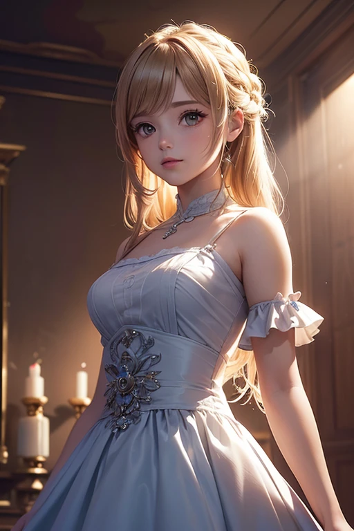 ​masterpiece),(top-quality:1.2),1girl in,(masuter piece:1.3),exquisitedetails, Highest quality 8K resolution, Ultra-detailed, Realistic, Vibrant colors, Soft tones, With warm and gentle lighting,(Smooth straight blonde hair:1.2),(Hair parted in the middle:1.3),(Glowing hair),(Dark blue eyes:1.3),White skin, hair clips,Small necklace,A gentle feeling overflows,The sun's rays illuminate joy and pure love, Warm golden glow,The atmosphere is full of happiness and laughter, As if celebrating love,Ultra-detailed depiction and vivid colors,A style that combines romanticism and realism,depth of love,color palettes,Create an ethereal atmosphere like a dream,Lighting is soft and diffused,masterpiece artwork,light light on the face,