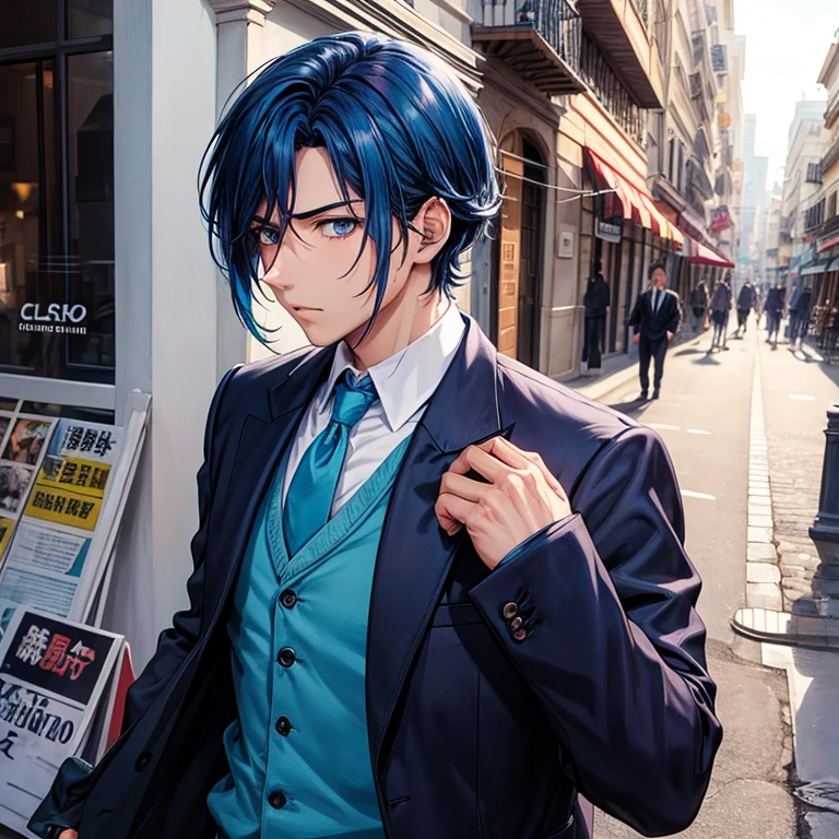 (Mejor calidad:0.8) perfect anime illustration, Hombre mafioso enojado con cabello azul corto en la calle de la ciudad, usando una camisa color celeste con corbata azul oscuro