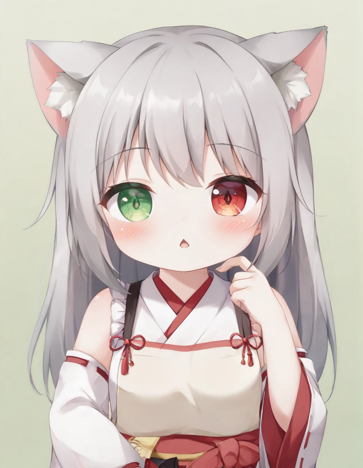 green background、Background is green、full body、Standing picture、1 girl、Chibi、Cat ear、gray hair、Left eye green、Right eye red、Miko costume、