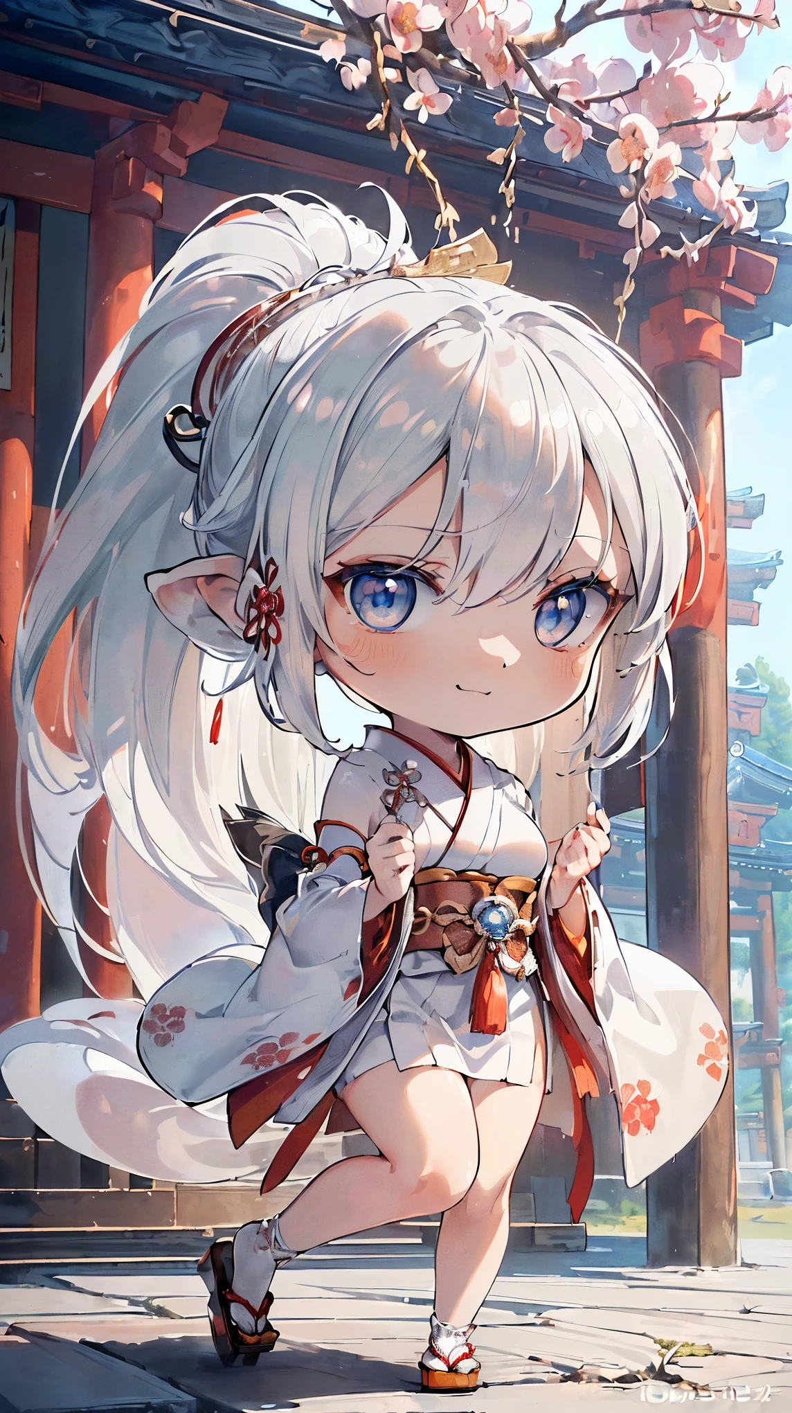 (((Masterpiece))), (((Highest quality))), ((Ultra-detailed)), ((Super fine illustration)), ((Ultra-fine painting)), (16K highest quality wallpaper:1.4), (Chibi:2.0), (Full body:1.6), HDR, (Highly detailed and delicate illustration style:1.8), Detailed skin texture, Detailed cloth texture, Extreme detailed description, (T-masterpiece), (Highly detailed face:1.2), (Highly detailed silver fox ears:1.2), (Highly detailed shiny ponytail:1.2), (Highly detailed beautiful eyes:1.2), (Highly detailed silver nine tails:1.2), Original, RAW photo, Professional, Intricate details, Super details, Direct light:1.6, (Perfect anatomy:1.4), (Highly detailed hands:1.2), (Highly detailed fingers:1.2), (Highly detailed fingertips:1.2), (27-years-old), Real, (Solo:1.6), ((A very beautiful and attractive silver fox fashion model who is a messenger of God and a traditional Japanese sacred shrine maiden:1.4)) BRAKE (Beautiful and adorable silver fox ears:1.6), (Highly detailed and delicate silver fox ears:1.4), (Beautiful and well-shaped big breasts:1.2), (Beautiful and well-shaped buttocks), (Beautiful and shiny silver ponytail:1.6), (Highly detailed and delicate silver ponytail:1.2), (Beautiful clear blue eyes that shine with great detail:1.6), (Highly detailed and delicate blue eyes:1.2), (Highly detailed face:1.4), (Smile:1.3), (Blush:1.2), (Looking at viewer:1.4), (Celebration:1.4), (Standing:1.2) BRAKE ((Brightly white and red colored) and divine traditional shrine maiden costumes at Japanese shrines:1.4), (Japanese divine traditional costume:1.2) BRAKE (Highly detailed and beautiful Ise Grand Shrine in Mie Prefecture just after noon in spring in the background:1.6), (Celebration:1.4), (Cherry blossoms:1.2), Highly beautiful in the sunny sky background just after noon:1.2 BRAKE