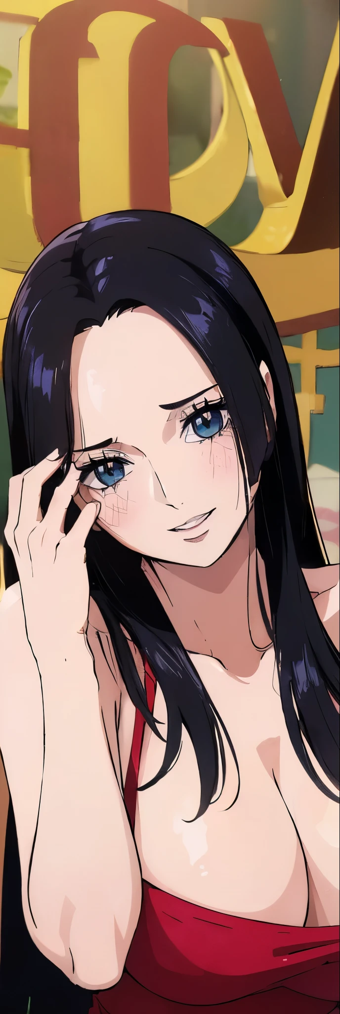 (((obra de arte))), (((Melhor qualidade))), ((ultra-detalhado)), (highly detailed CG illustration), Boa Hancock, (nsfw:1.4), (obra de arte:1.5), foto detalhada, sorridente, sensual, (Melhor qualidade: 1.4), (1 garota), lindo Face, (cabelo preto, cabelo longo: 1.3), lindo Hairstyle, Lindos olhos detalhados, (Pele realista), pele bonita, absurdo, Atraente, Ultra high resolution, High definition, (sexualmente excitado:1.5), pele branca rosada, luz branca fria, pose sexy, (seios lindo, mamilos aparecendo, decote aparente), fundo branco, luz branca suave rosa, Use uma blusa branca trasparente, (Bukkake:1.8), {dentro do quarto|exteriores|fundo simples},(No shoulder strap:1.3),(drunk:1.7)) (cabelo ondulado:0.8), cabelo preto,(olhos azuis),Seios grandes,Sorriso, (Ficar com o rosto vermelho:1.4),looks at the camera,