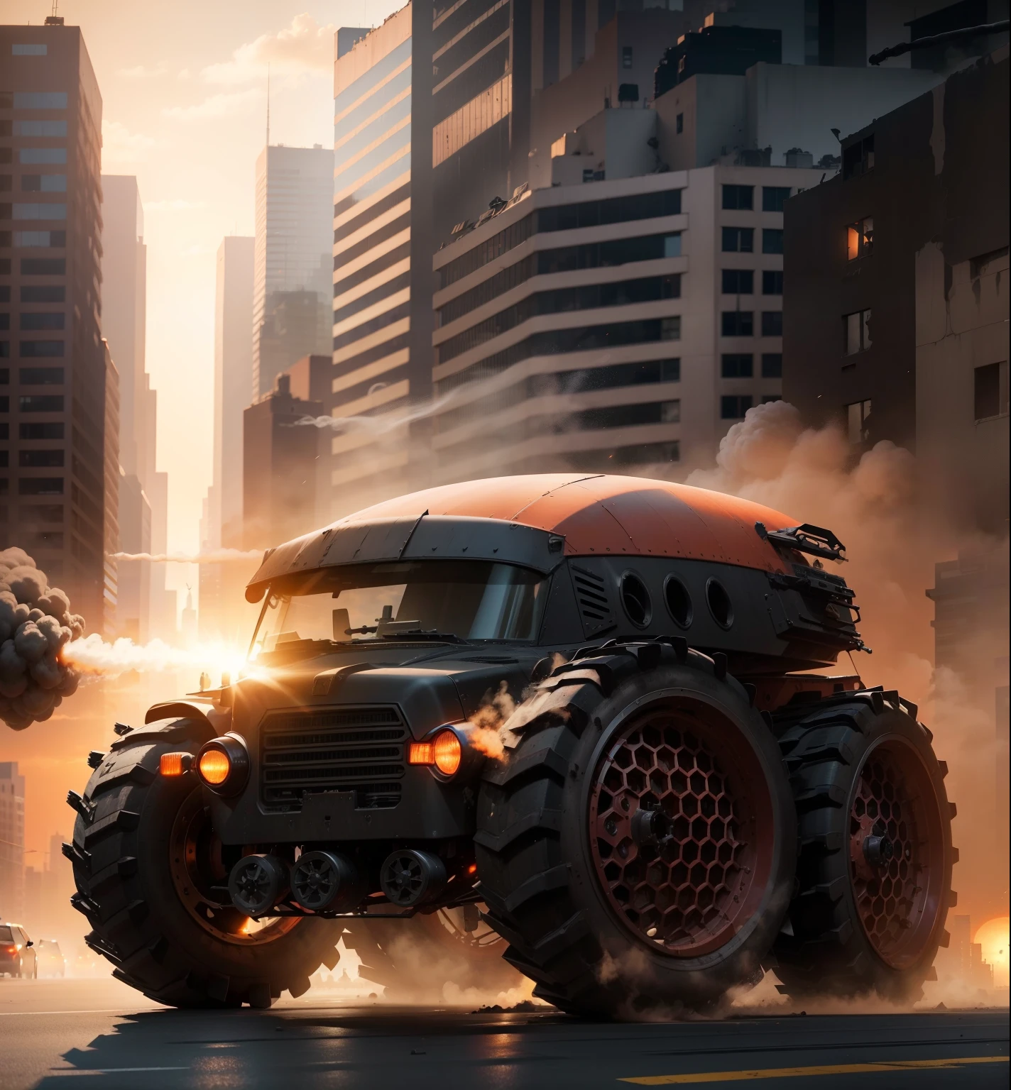 A (((BLACK))) monstrous, heavily-armored car, bristling with machine guns and missile launchers, roars down a deserted New York avenue. Skyscrapers, once titans of steel and glass, lie in shattered heaps around it. Smoke still curls from the wreckage, casting long shadows in the dying light of a red-orange sun sinking below the horizon. The air hangs heavy with the silence of a world at war.