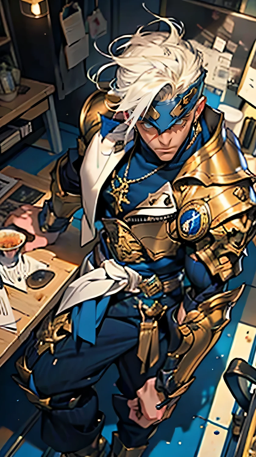 A man with short golden hair slicked back, his face entirely obscured by a Dynastinae concept mask, full mask, cold gaze, clad in an indigo blue fantasy-style Dynastinae concept chest plate, his arms and legs are clad in matching armor, he wears a white undershirt and trousers with golden stripes, standing within a magnificent fantasy-style palace, this character embodies a finely crafted fantasy-style masked light armor warrior in anime style, exquisite and mature manga art style, high definition, best quality, highres, ultra-detailed, ultra-fine painting, extremely delicate, professional, perfect body proportions, golden ratio, anatomically correct, symmetrical face, extremely detailed eyes and face, high quality eyes, creativity, RAW photo, UHD, 32k, Natural light, cinematic lighting, masterpiece-anatomy-perfect, masterpiece:1.5,sexy male underwear,strong legs,spread your legs,Show your armpits,Lie down,underwear,Bend your chest..,wet body,on the table,Show off your arm muscles.,top view,relax with cats,cat walking aroud