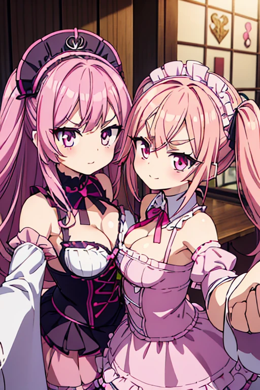Girls with pink hair, long double-tailed hairstyle, ((small pink bushy eyebrows)), wearing ta clothing, marked vagina, loli(Zankuro) drawing style by zankuro artist, Zancro style, image uploaded to R34, flirty smile, take a selfie from below, close-up, (( showing pubes )) in restaurant ((grabbing breast each other))
