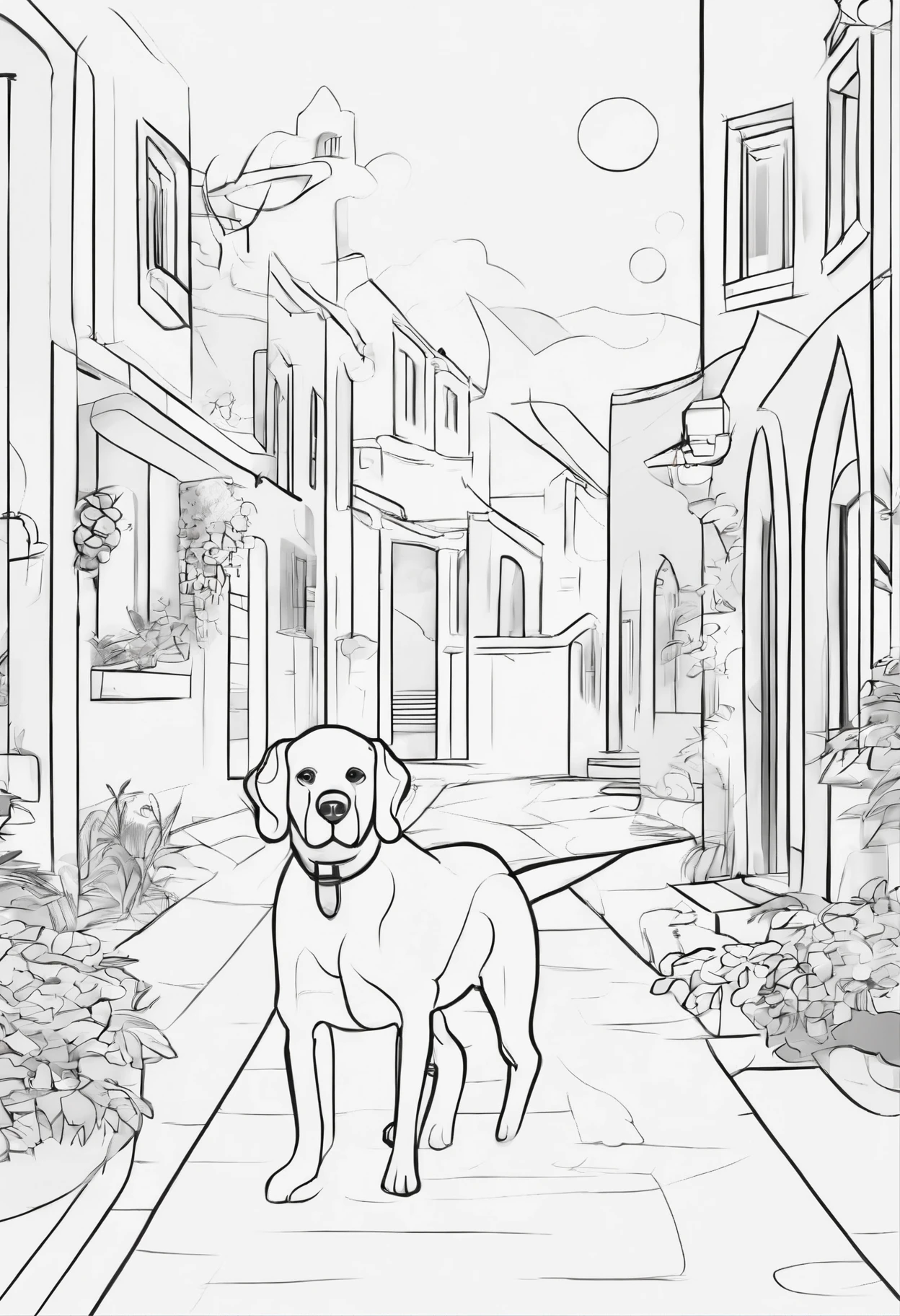 a dog walking in a pathway, dog art , cartoon characters, high quality, 3d style,coloring books, hand-draw 