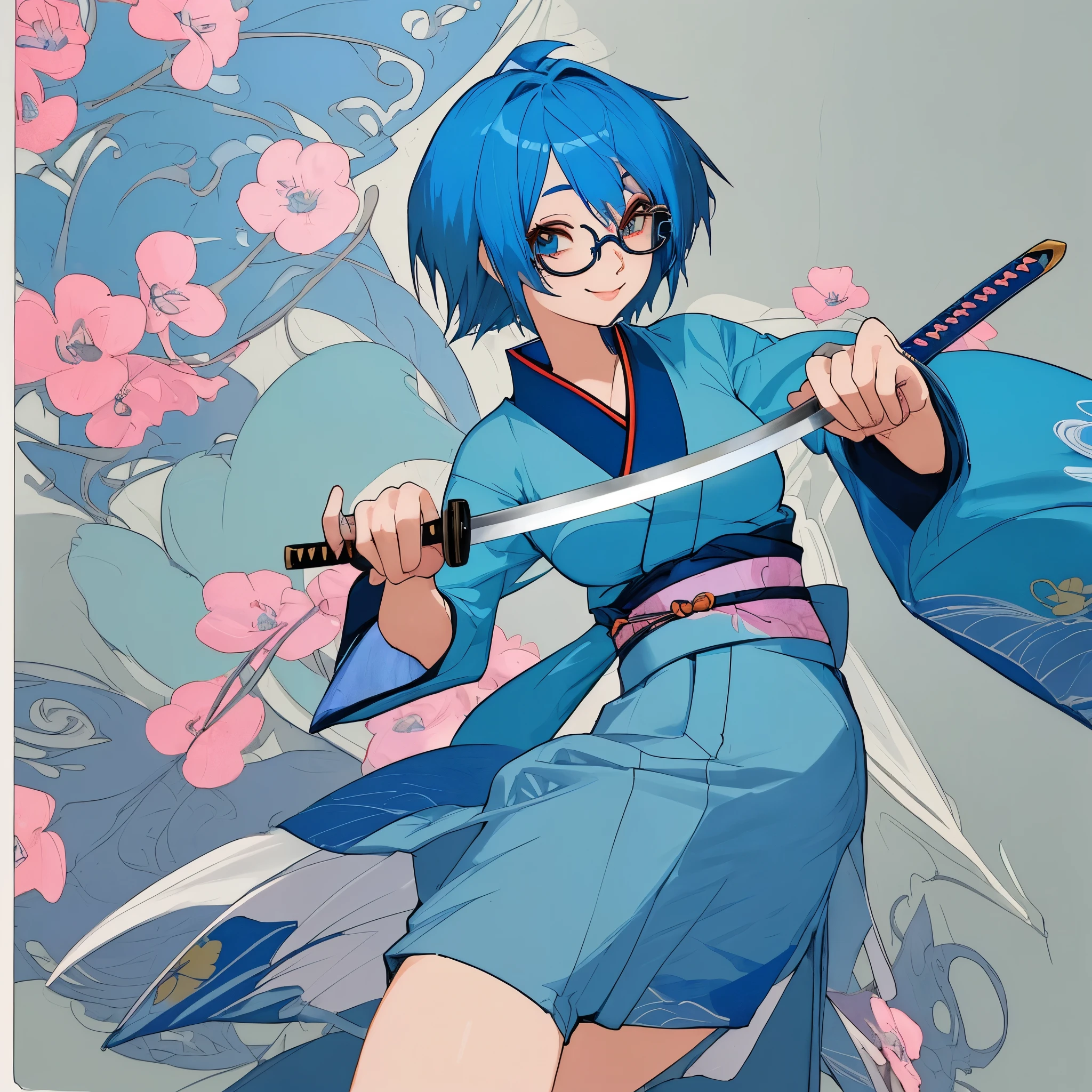 Make me feminim character anime girl with glasses and short blue hair, use blue kimono with smile, and hand hold blue katana
